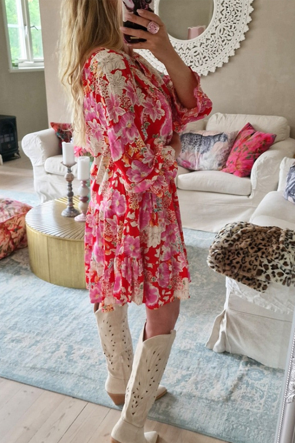 Red Floral Print High Waist V Neck Babydoll Mini Dress - Premium Dresses/Mini Dresses from Momma Done Gone Crafty- Just $38.99! Shop now at Momma Done Gone Crafty