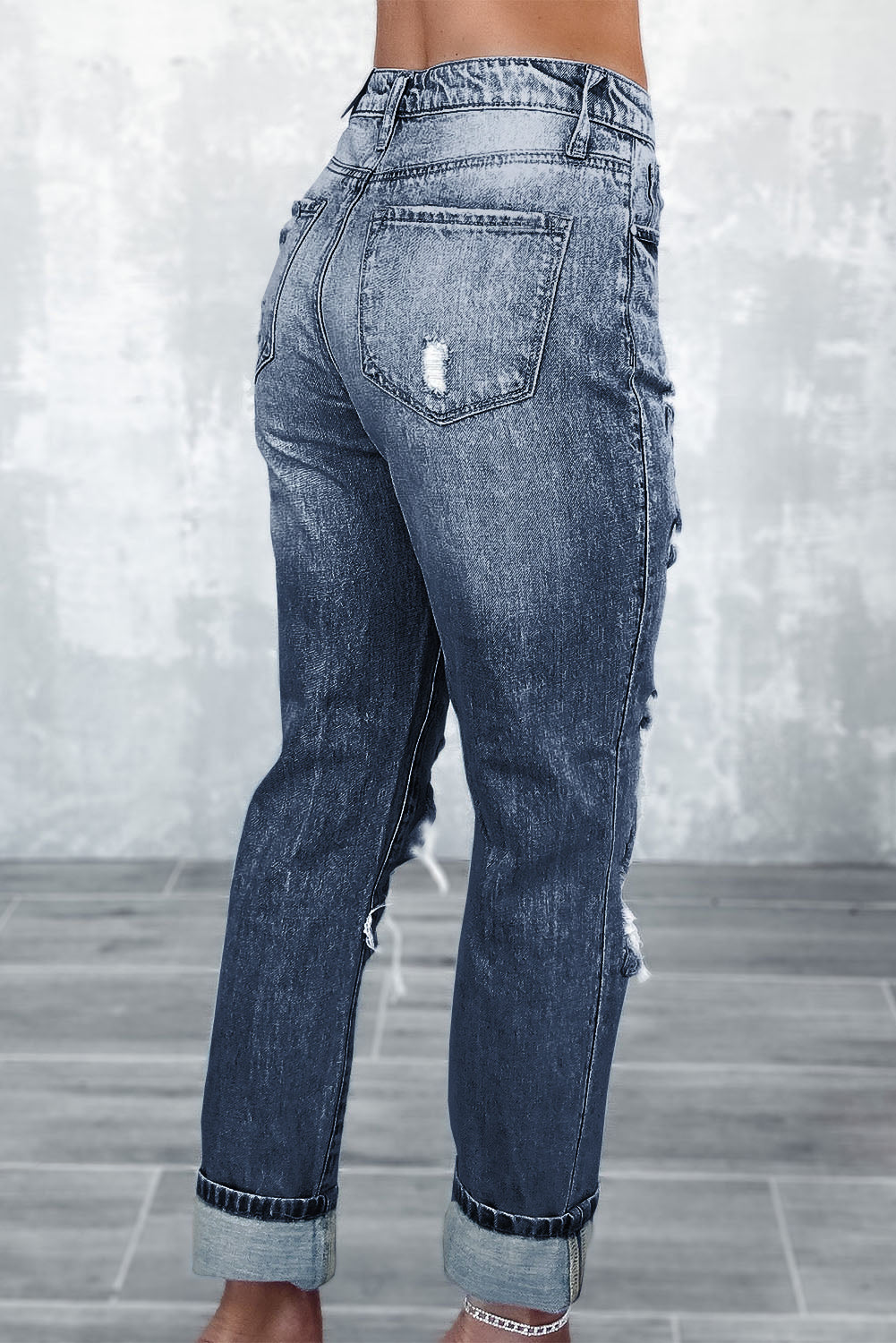 Navy Blue Light Wash Frayed Slim Fit High Waist Jeans - Premium Bottoms from Momma Done Gone Crafty- Just $64.99! Shop now at Momma Done Gone Crafty