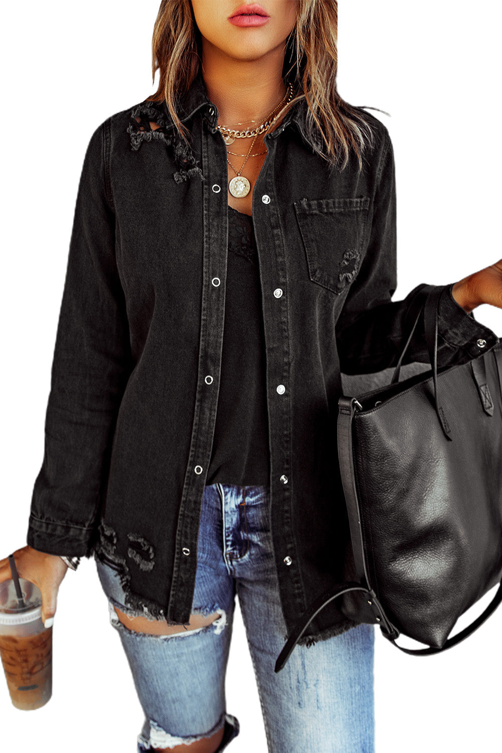 Black Ripped Denim Jacket - Premium Outerwear from Momma Done Gone Crafty- Just $56.99! Shop now at Momma Done Gone Crafty