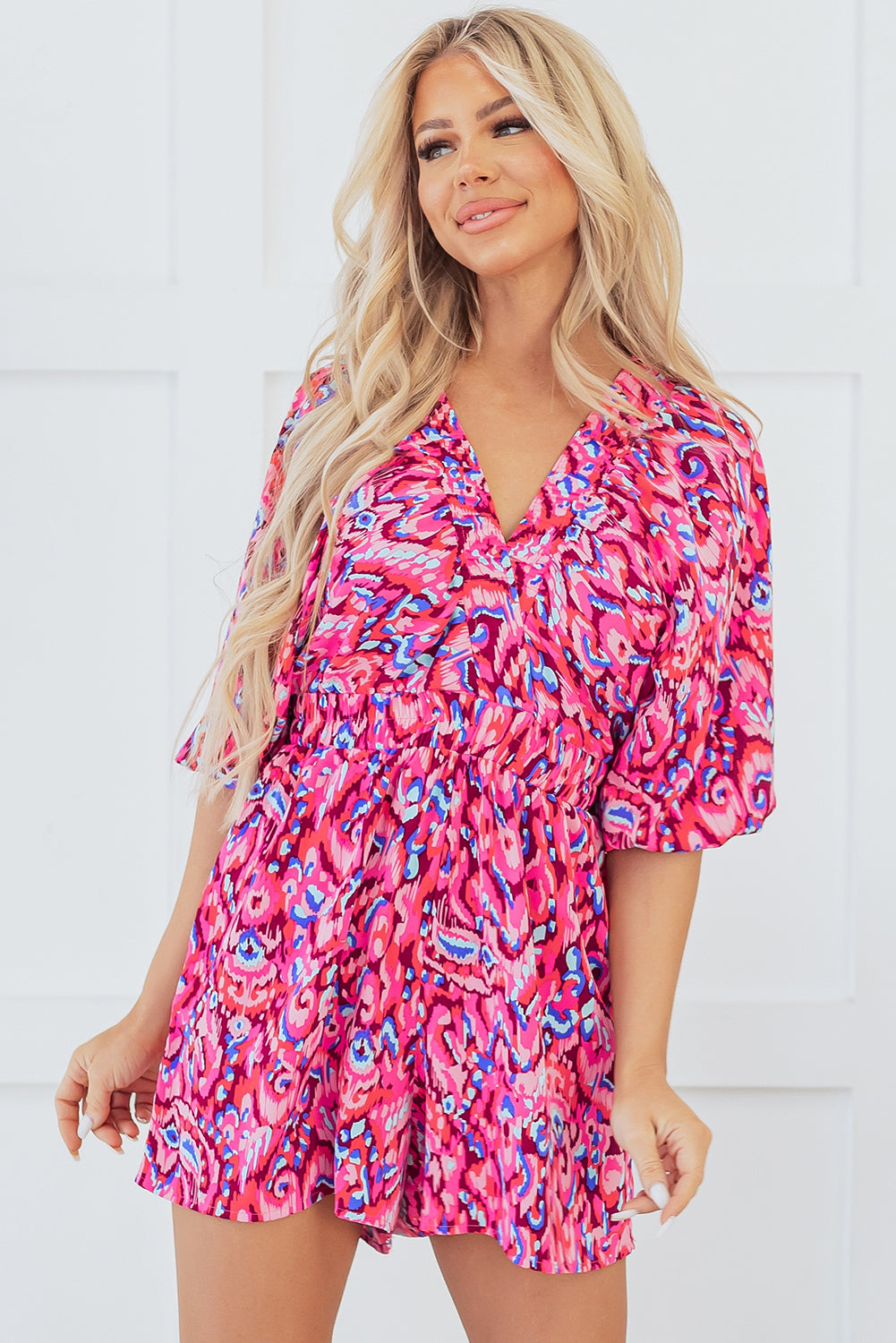 Pink Abstract Print Puff Sleeve V Neck High Waist Romper - Premium Bottoms/Jumpsuits & Rompers from Ashes 2 Wildflowers Boutique, LLC- Just $34.03! Shop now at Ashes 2 Wildflowers Boutique, LLC