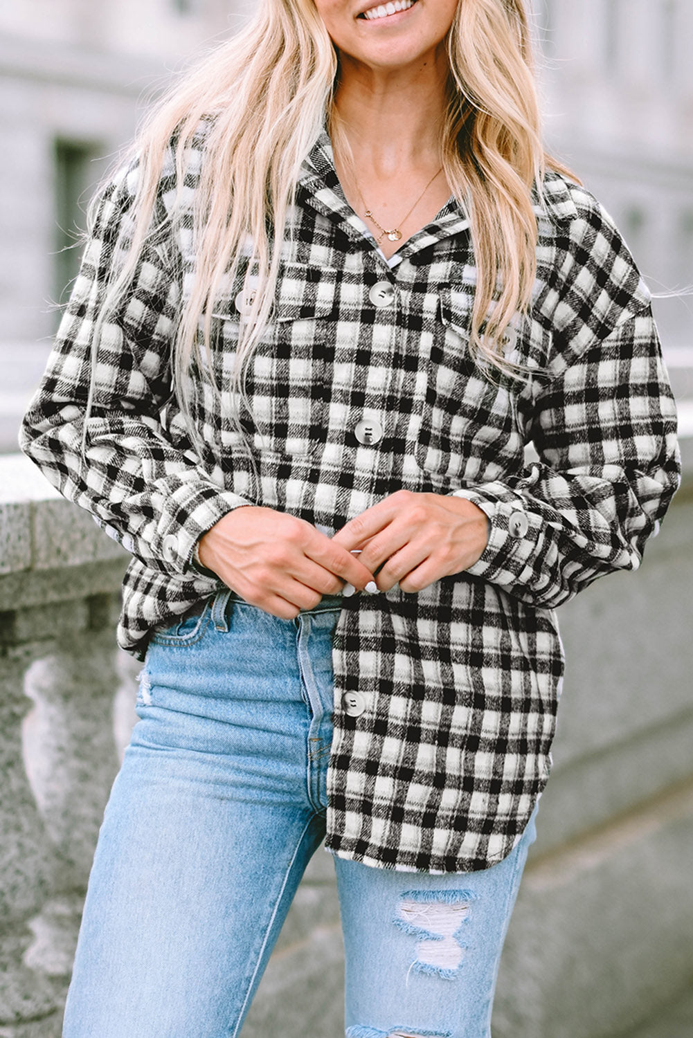 Black Plaid Print Chest Pockets Buttoned Tunic Shacket - Premium Outerwear from Momma Done Gone Crafty- Just $40! Shop now at Momma Done Gone Crafty