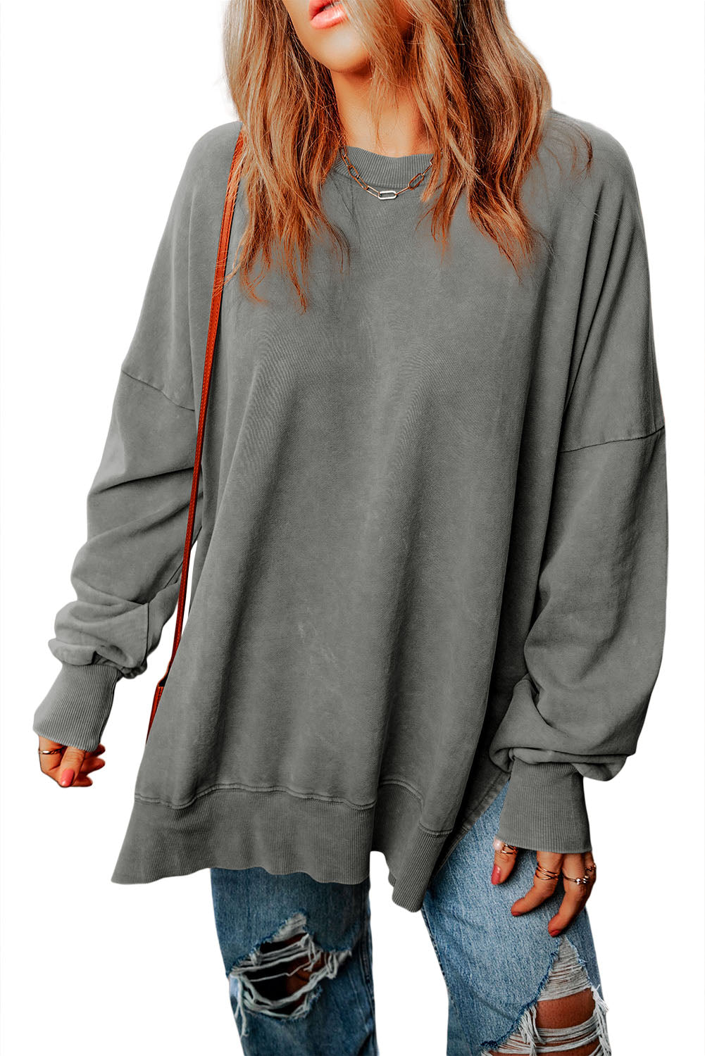 Gray Drop Shoulder Ribbed Trim Oversized Sweatshirt - Premium Tops from Momma Done Gone Crafty- Just $29.70! Shop now at Momma Done Gone Crafty