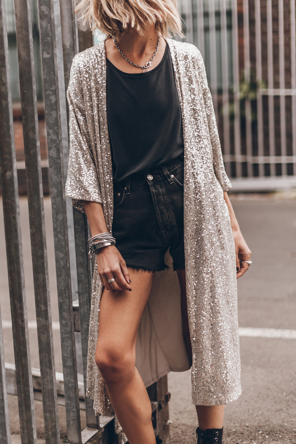 Apricot Sequin 3/4 Sleeve Open Front Duster Kimono - Premium Outerwear from Momma Done Gone Crafty- Just $60.99! Shop now at Momma Done Gone Crafty