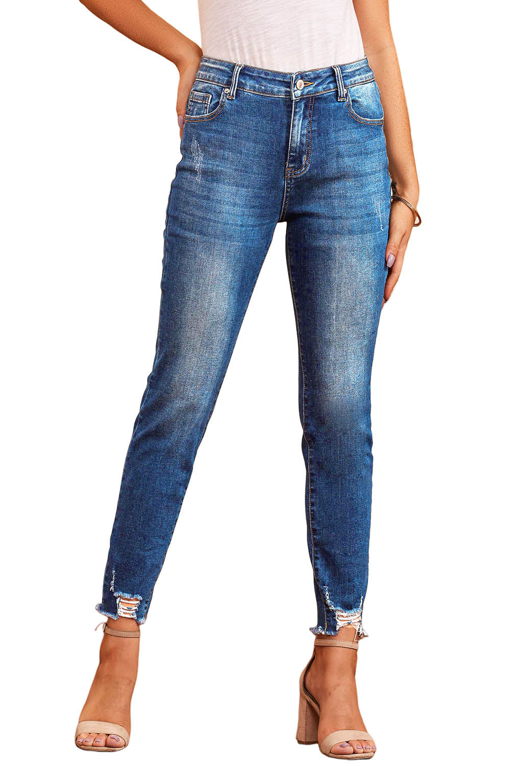 Blue Raw Hem Ankle-length Skinny Jeans - Premium Bottoms from Momma Done Gone Crafty- Just $60.99! Shop now at Momma Done Gone Crafty