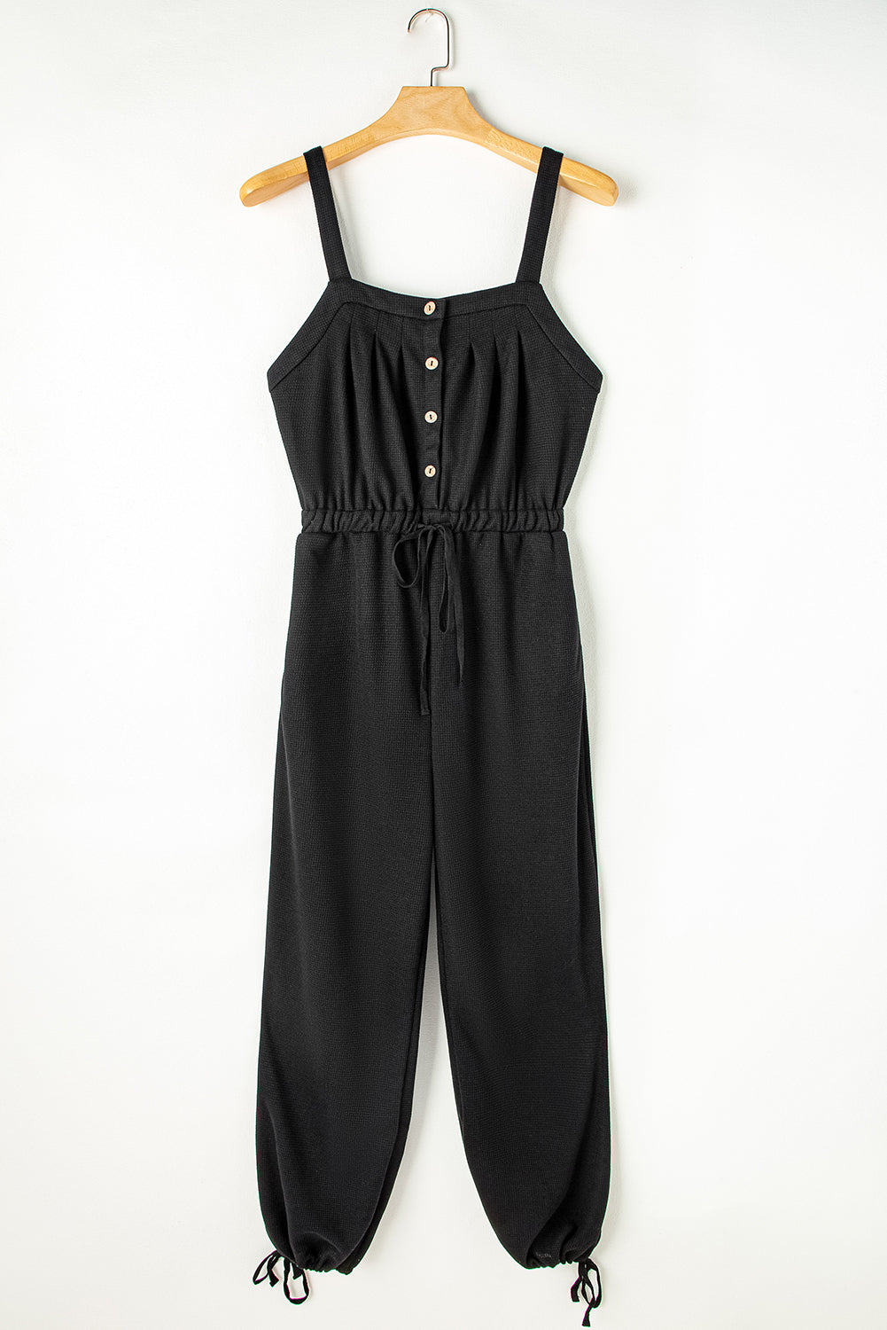 Black Knotted Straps Button Textured Drawstring Jumpsuit - Premium Bottoms/Jumpsuits & Rompers from Momma Done Gone Crafty- Just $36.93! Shop now at Momma Done Gone Crafty