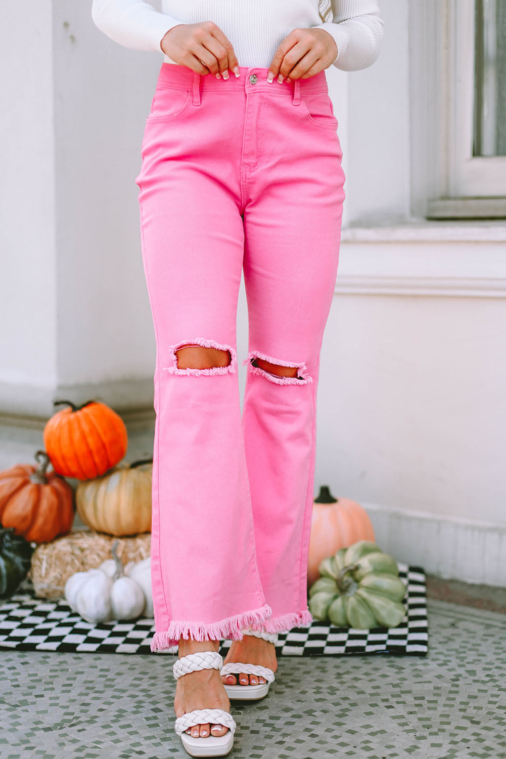Pink Vintage High Waist Flare Leg Ripped Raw Hem Jeans - Premium Bottoms/Jeans from Ashes 2 Wildflowers Boutique, LLC- Just $35.40! Shop now at Ashes 2 Wildflowers Boutique, LLC