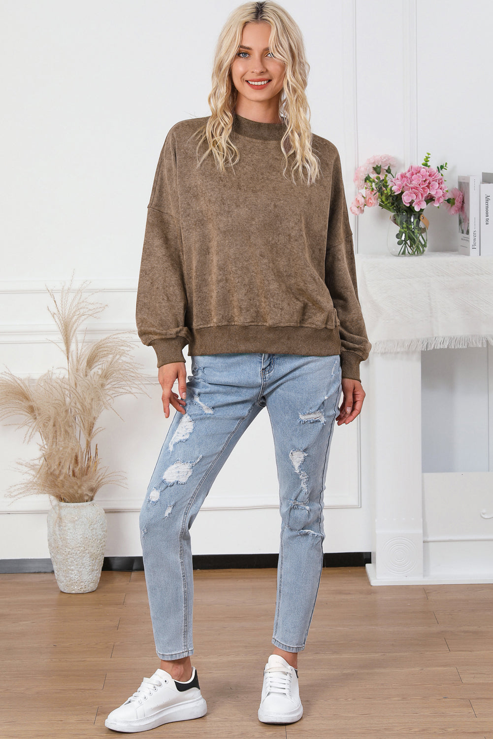 Brown Drop Shoulder Crew Neck Pullover Sweatshirt - Premium Tops/Sweatshirts & Hoodies from Ashes 2 Wildflowers Boutique, LLC- Just $34.18! Shop now at Ashes 2 Wildflowers Boutique, LLC