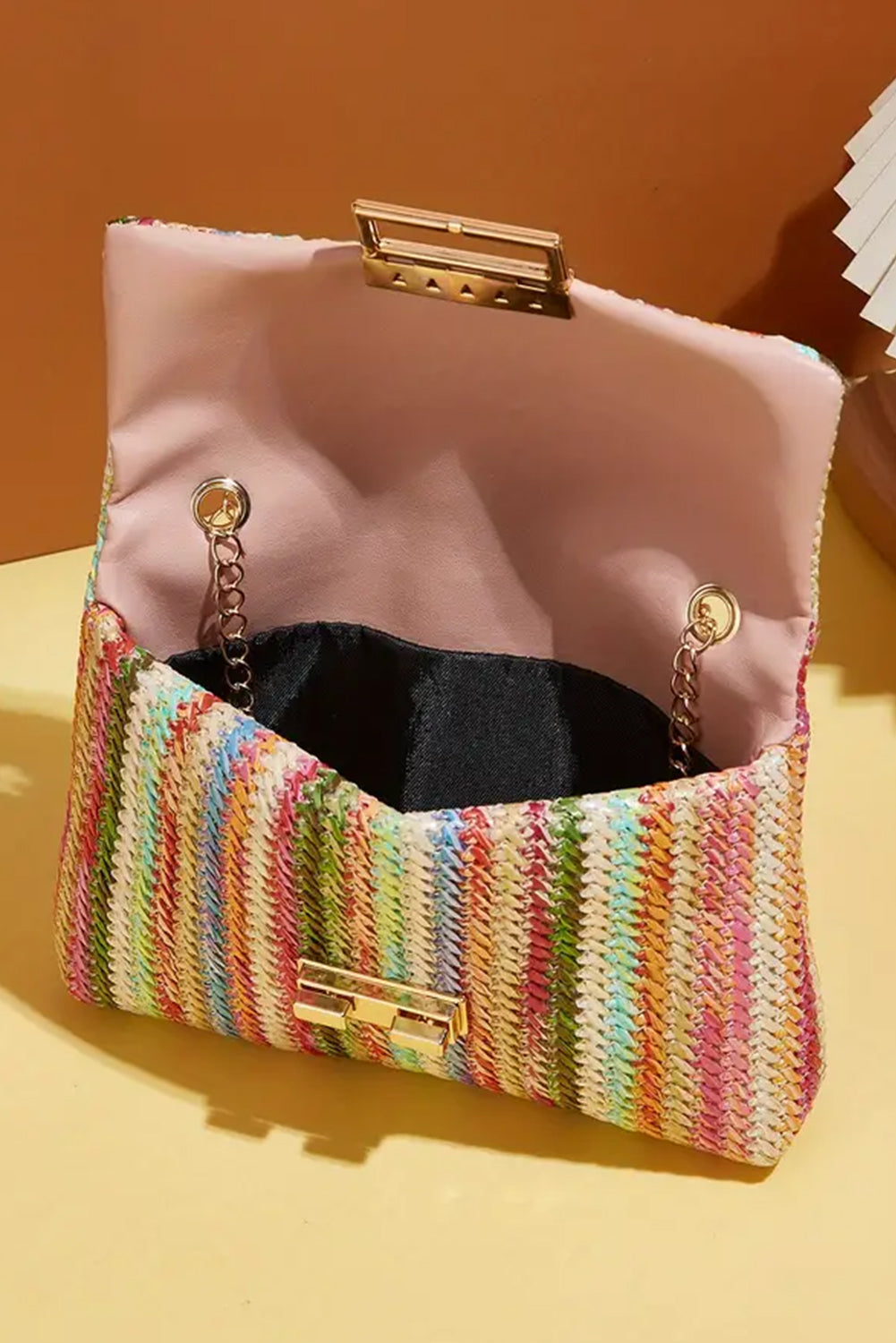 Strawberry Pink Bohemian Woven Gold Chain Shoulder Bag - Premium Shoes & Bags/Shoulder Bags from Ashes 2 Wildflowers Boutique, LLC- Just $14.94! Shop now at Ashes 2 Wildflowers Boutique, LLC