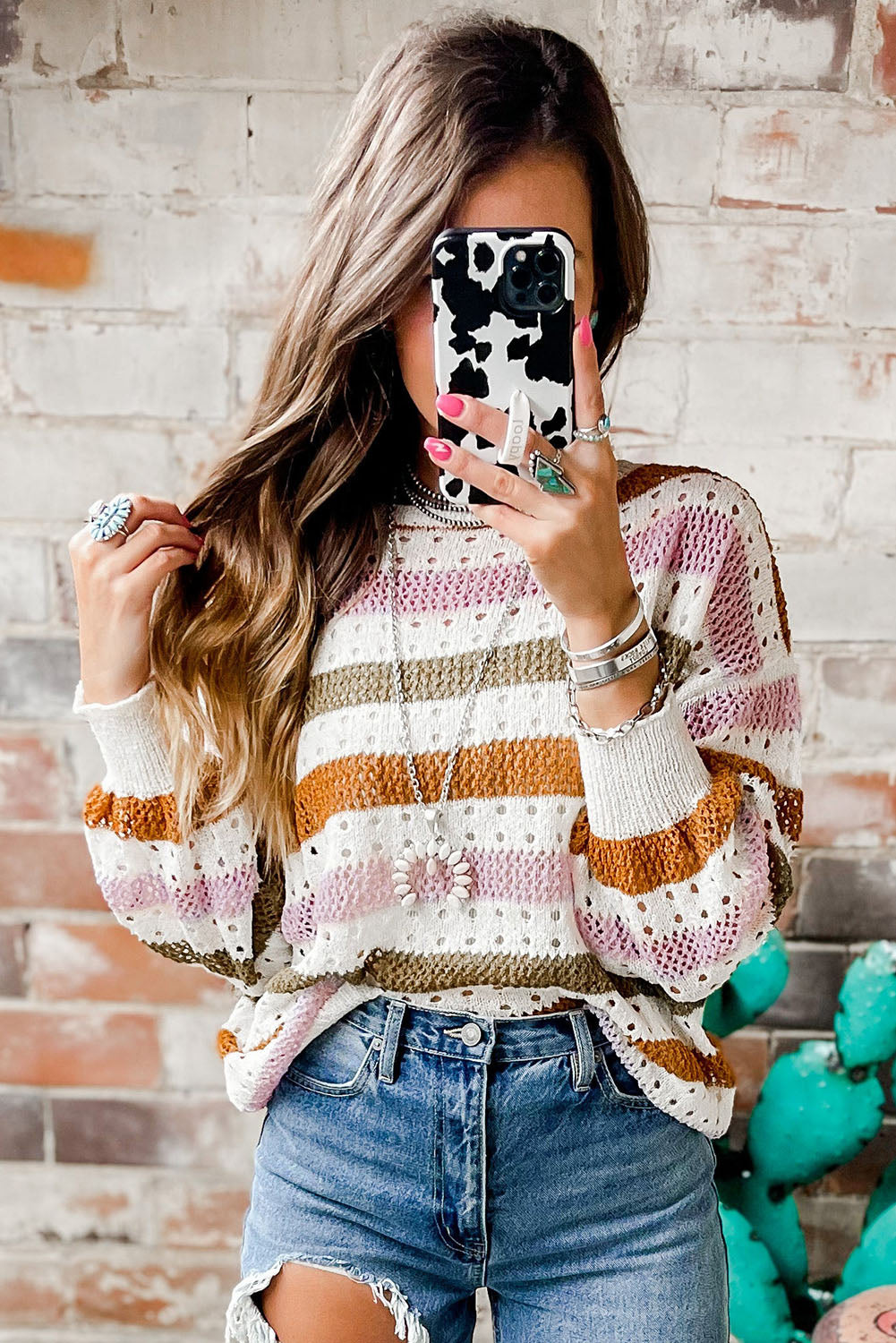 Multicolor Striped Hollowed Knitted Loose Sweater - Premium Tops from Momma Done Gone Crafty- Just $35.40! Shop now at Momma Done Gone Crafty