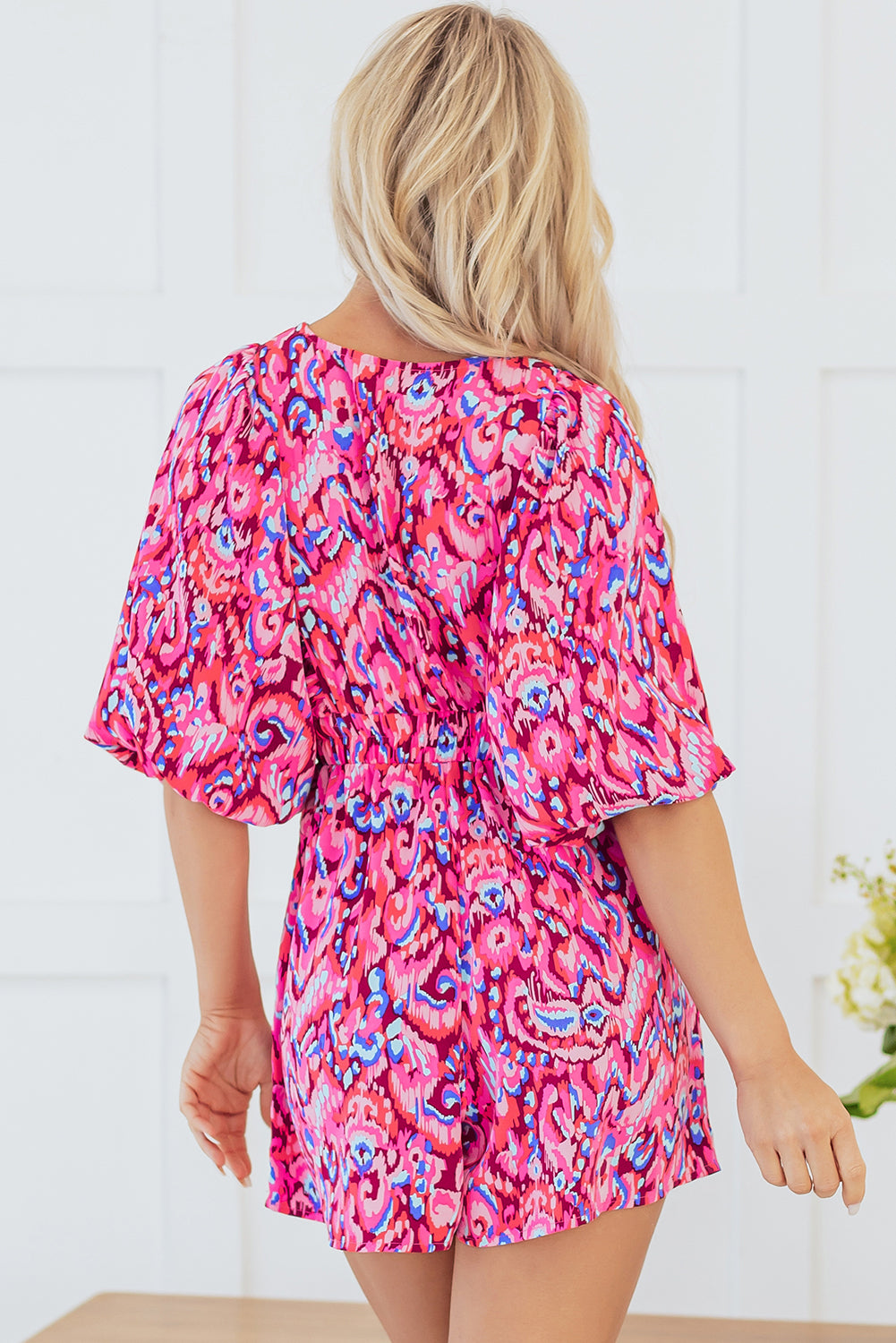 Pink Abstract Print Puff Sleeve V Neck High Waist Romper - Premium Bottoms/Jumpsuits & Rompers from Ashes 2 Wildflowers Boutique, LLC- Just $34.03! Shop now at Ashes 2 Wildflowers Boutique, LLC