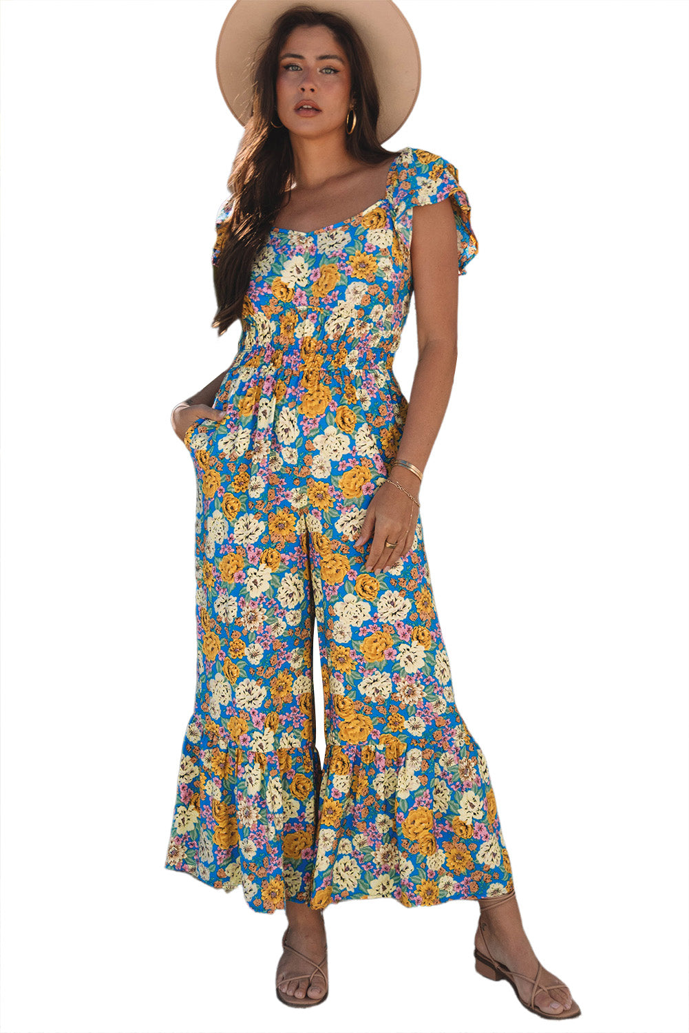 Yellow Floral Allover Print Shirred Cut Out High Waist Jumpsuit - Premium Bottoms/Jumpsuits & Rompers from Ashes 2 Wildflowers Boutique, LLC- Just $35.55! Shop now at Ashes 2 Wildflowers Boutique, LLC