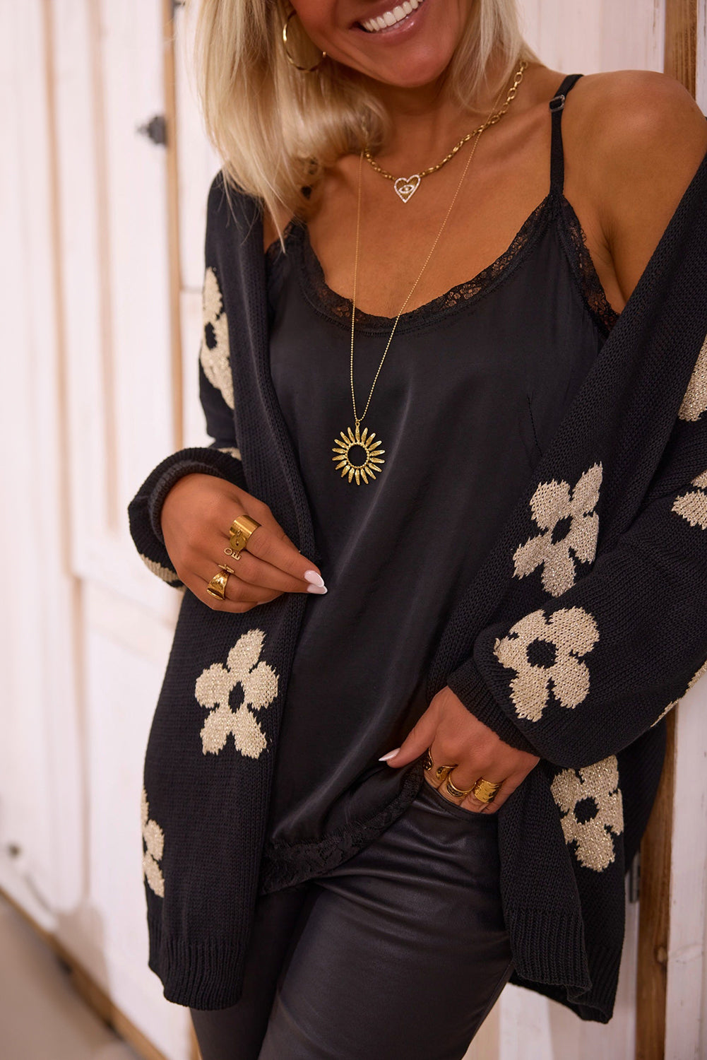 Black Floral Print Knitted Open Front Loose Cardigan - Premium Sweaters & Cardigans/Cardigans from Ashes 2 Wildflowers Boutique, LLC- Just $36.35! Shop now at Ashes 2 Wildflowers Boutique, LLC