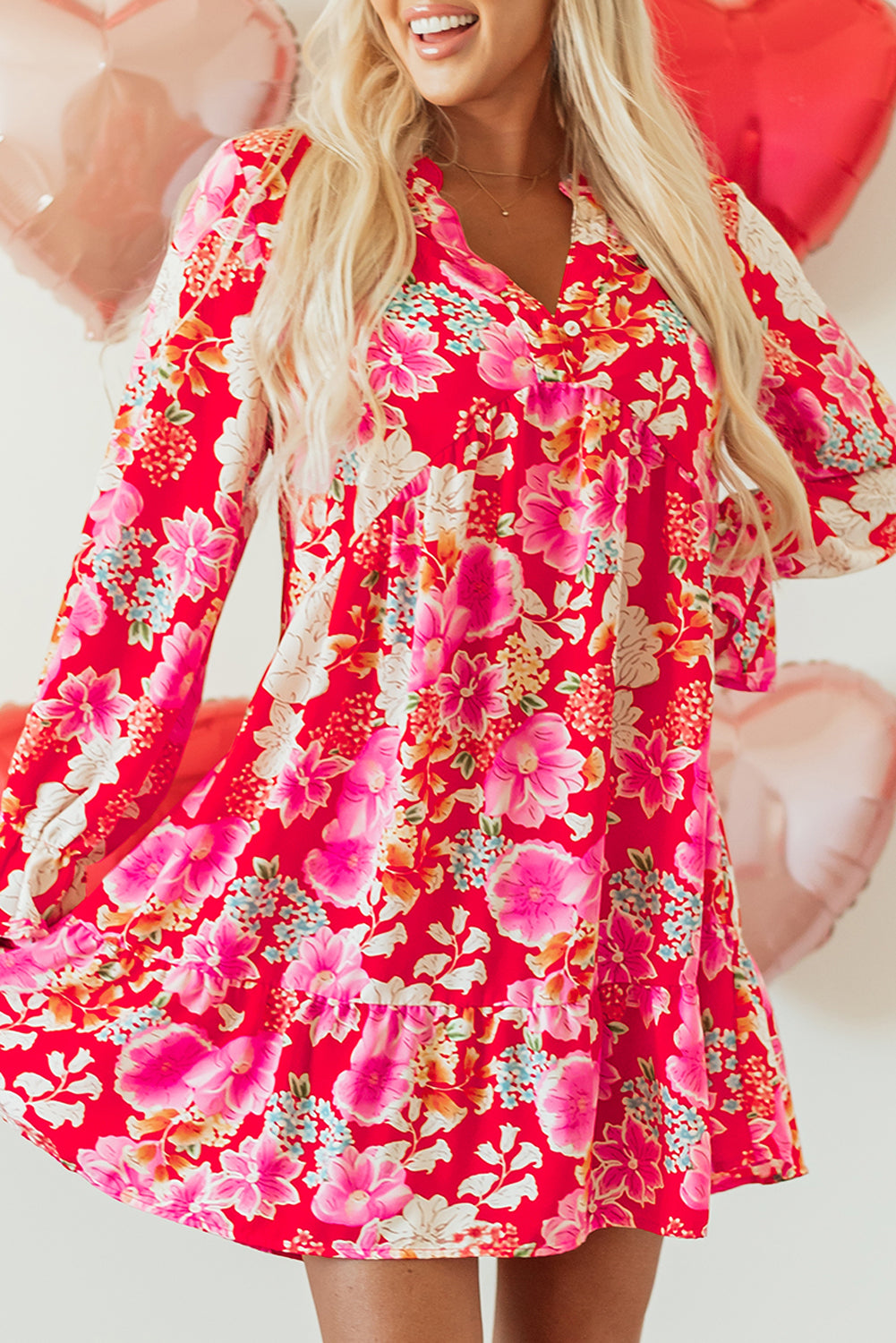 Red Floral Print High Waist V Neck Babydoll Mini Dress - Premium Dresses/Mini Dresses from Momma Done Gone Crafty- Just $38.99! Shop now at Momma Done Gone Crafty