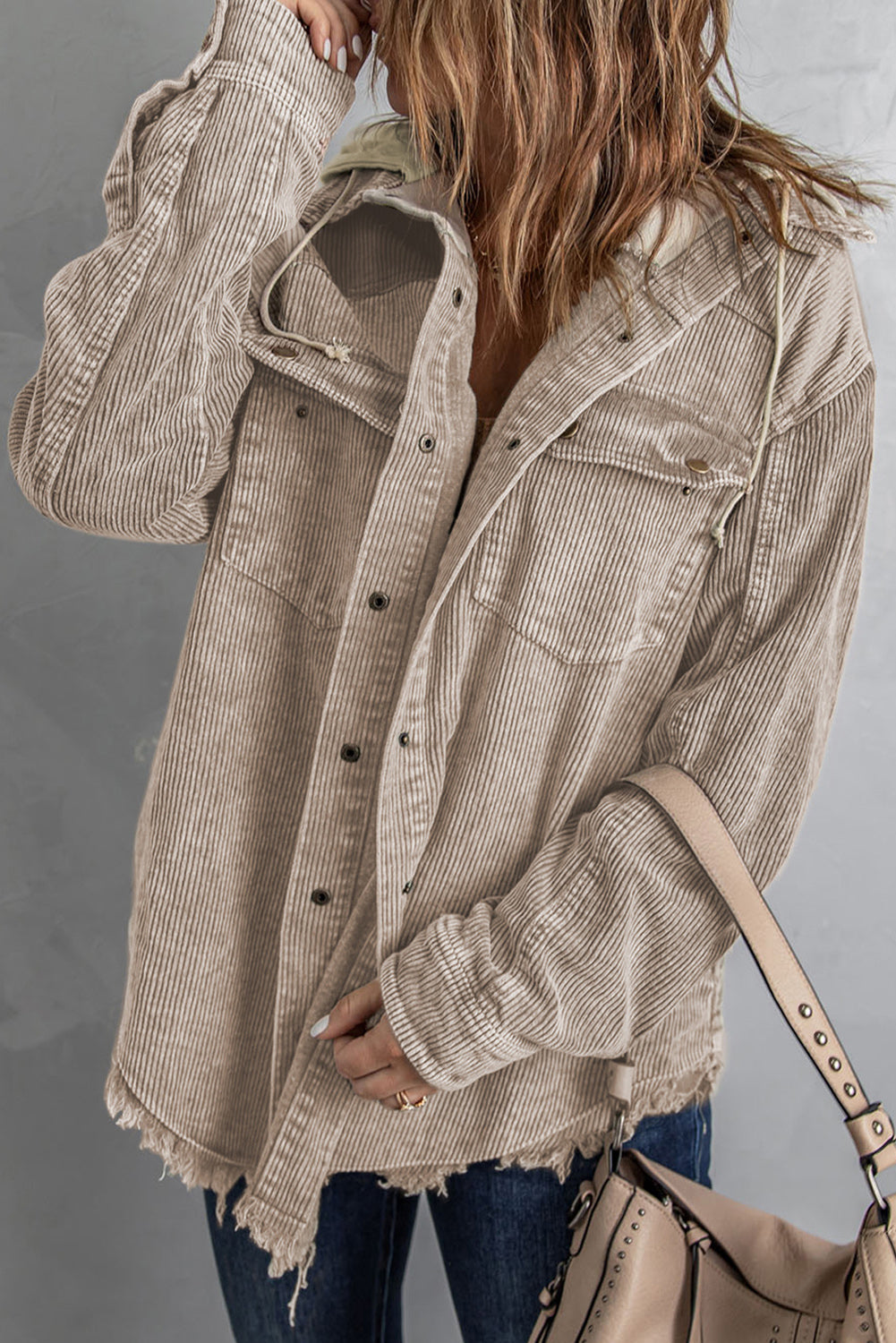 Khaki Patchwork Hooded Corduroy Shacket - Premium Outerwear from Momma Done Gone Crafty- Just $53.94! Shop now at Momma Done Gone Crafty