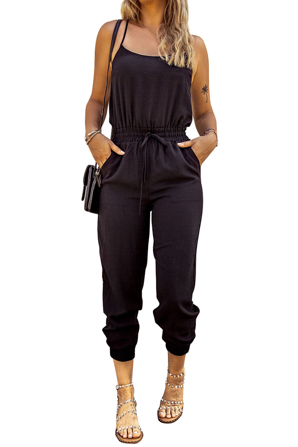 Black Drawstring Waist Spaghetti Straps Jumpsuit - Premium Bottoms from Momma Done Gone Crafty- Just $58.20! Shop now at Momma Done Gone Crafty