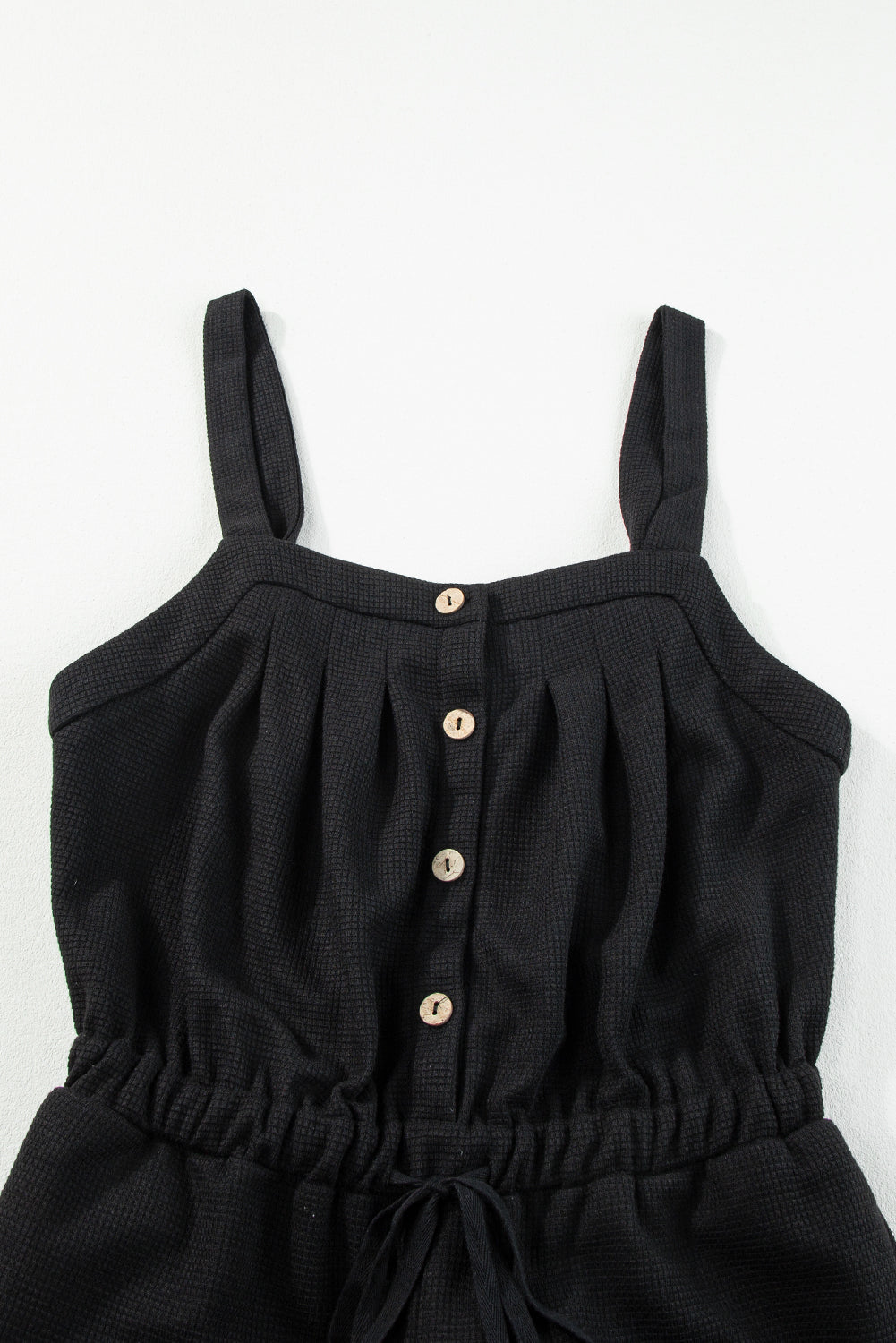 Black Knotted Straps Button Textured Drawstring Jumpsuit - Premium Bottoms/Jumpsuits & Rompers from Momma Done Gone Crafty- Just $36.93! Shop now at Momma Done Gone Crafty