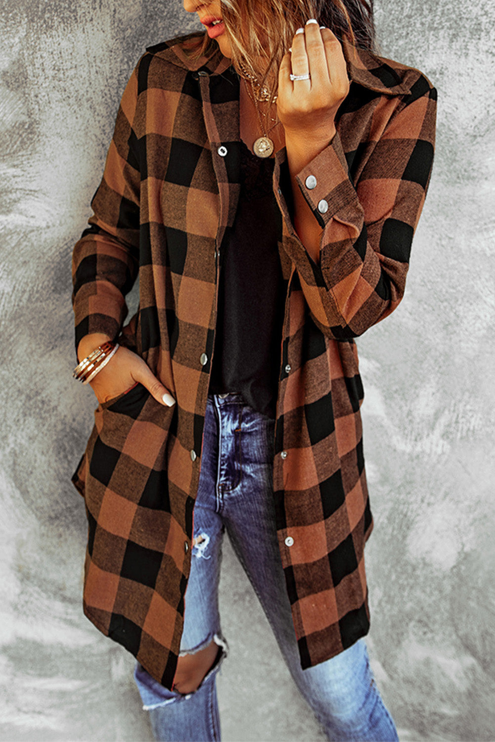 Brown Turn-down Collar Plaid Shirt Coat - Premium Outerwear from Momma Done Gone Crafty- Just $54.60! Shop now at Momma Done Gone Crafty