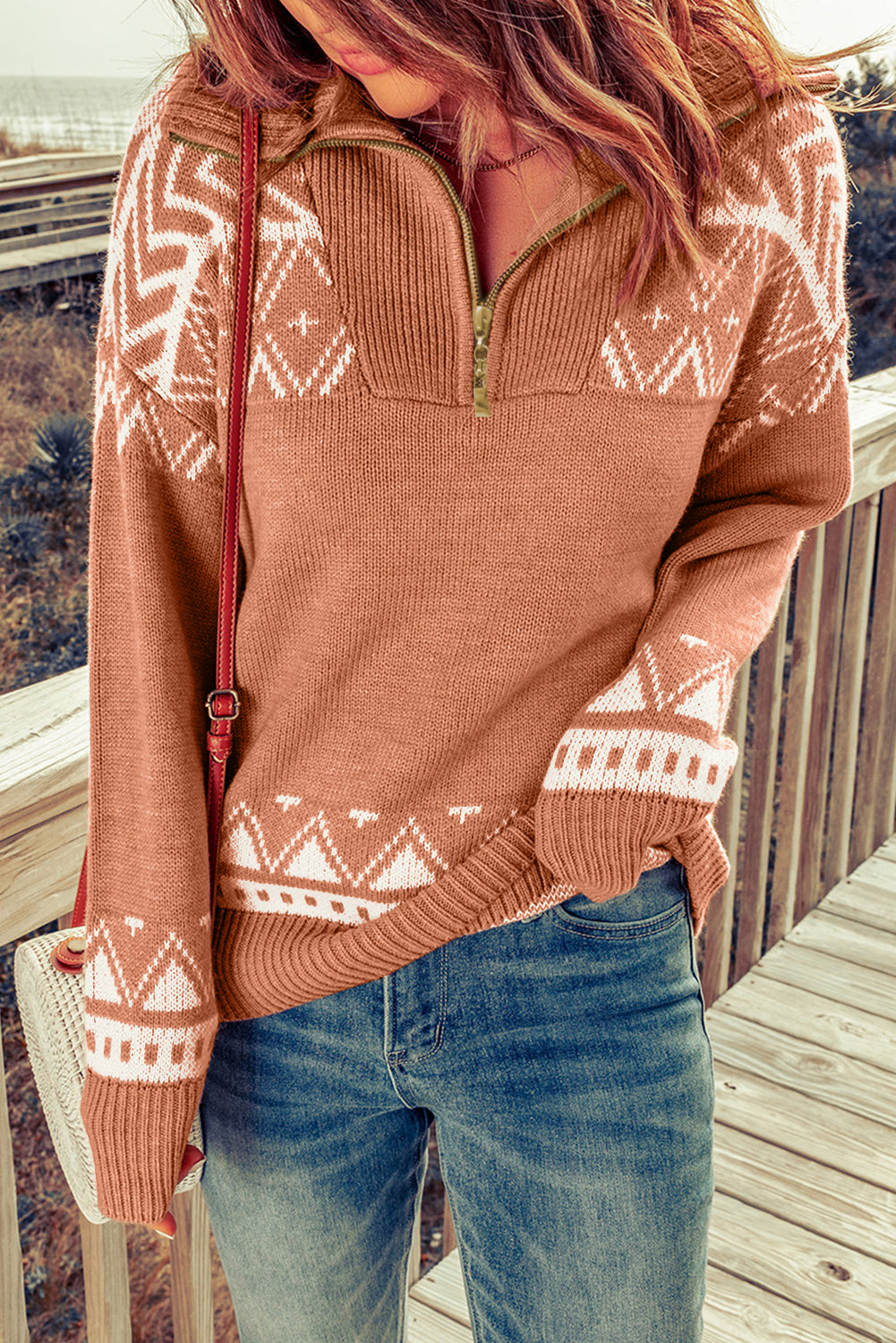 Pink Geometry Knit Quarter Zip Sweater - Premium Sweaters & Cardigans/Sweaters from Momma Done Gone Crafty- Just $45.99! Shop now at Momma Done Gone Crafty