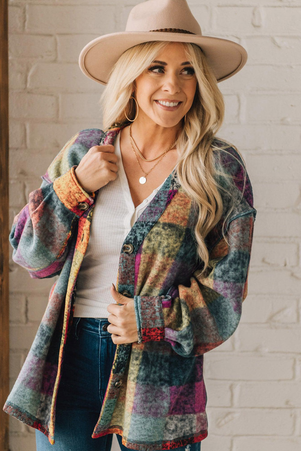 Multicolor Brushed Checked Western Buttoned Jacket - Premium Outerwear from Momma Done Gone Crafty- Just $40.20! Shop now at Momma Done Gone Crafty