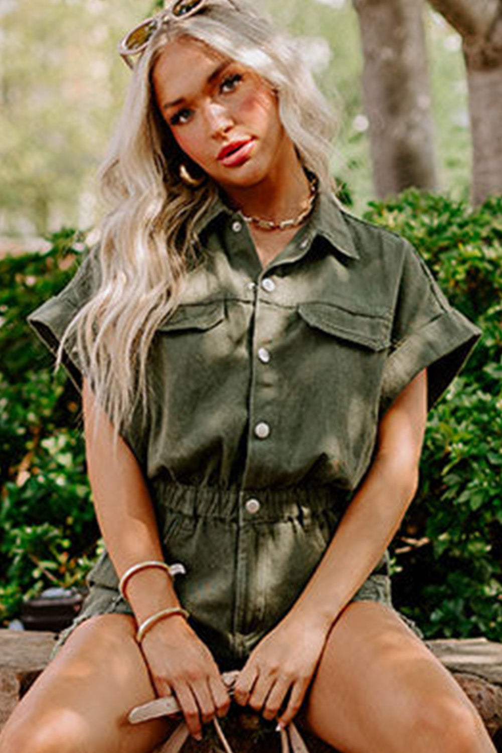 Moss Green Distressed Frayed Denim Romper - Premium Bottoms/Jumpsuits & Rompers from Momma Done Gone Crafty- Just $45.99! Shop now at Momma Done Gone Crafty
