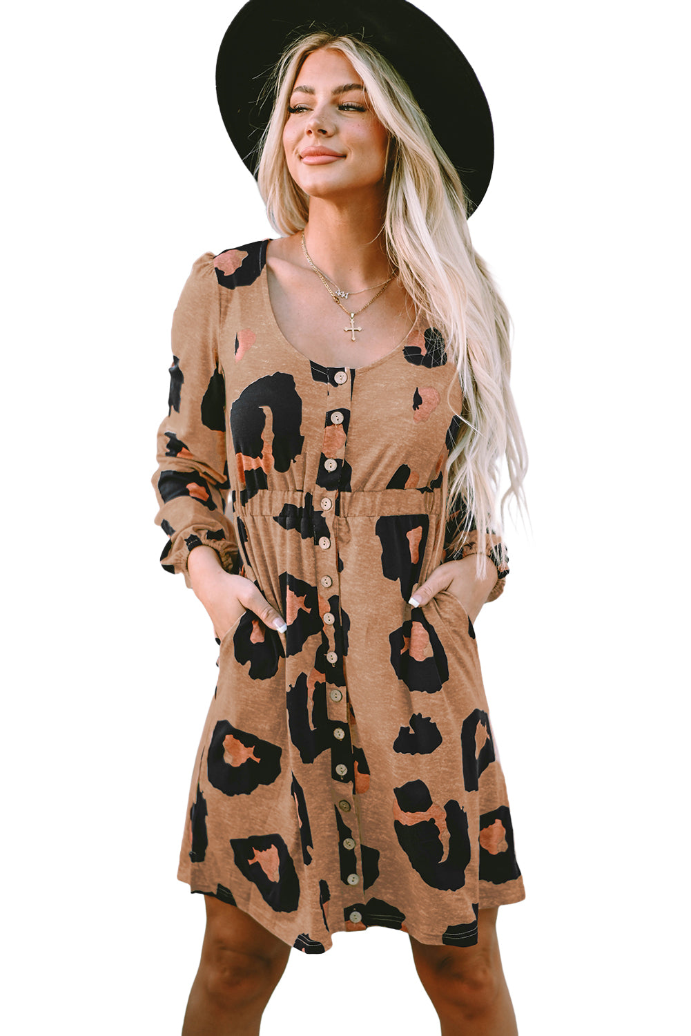 Leopard Print Button Front Bubble Sleeve Loose Knit Dress - Premium Dresses from Momma Done Gone Crafty- Just $40.80! Shop now at Momma Done Gone Crafty
