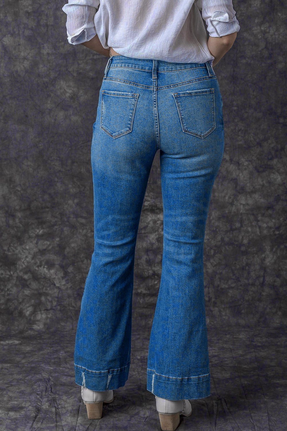 Sky Blue Slight Distressed Medium Wash Flare Jeans - Premium Bottoms from Momma Done Gone Crafty- Just $69.30! Shop now at Momma Done Gone Crafty