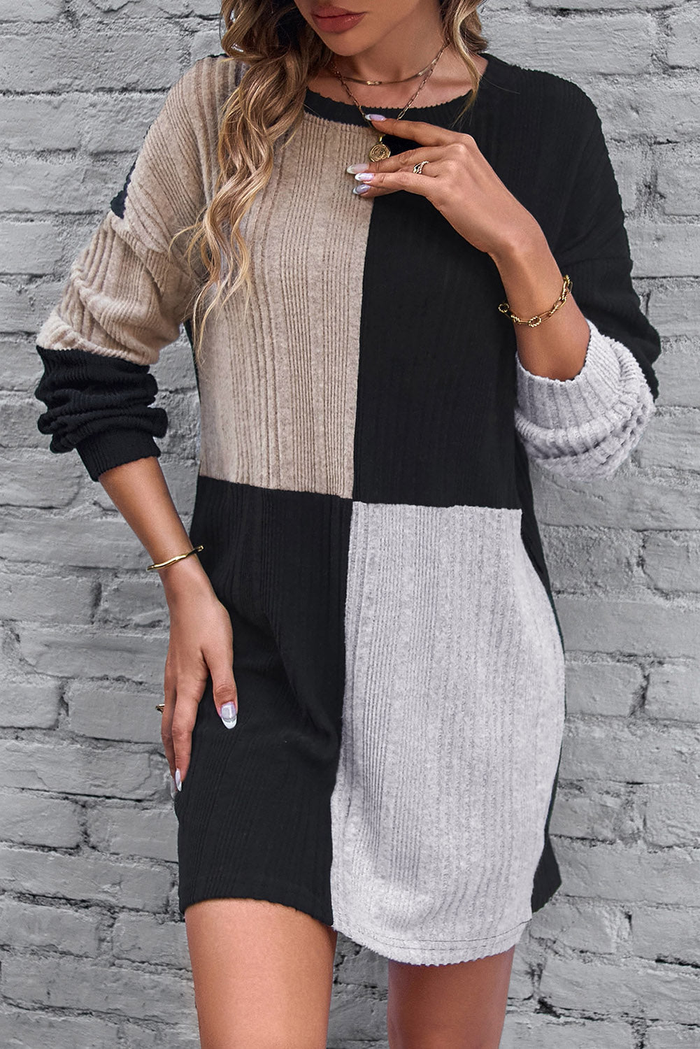 Black Ribbed Color Block Drop Shoulder Long Sleeve Mini Dress - Premium Dresses from Momma Done Gone Crafty- Just $26.99! Shop now at Momma Done Gone Crafty