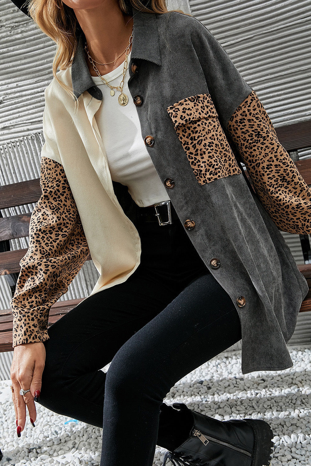 Gray Color Block Leopard Patched Corduroy Shacket - Premium Outerwear from Momma Done Gone Crafty- Just $32.99! Shop now at Momma Done Gone Crafty
