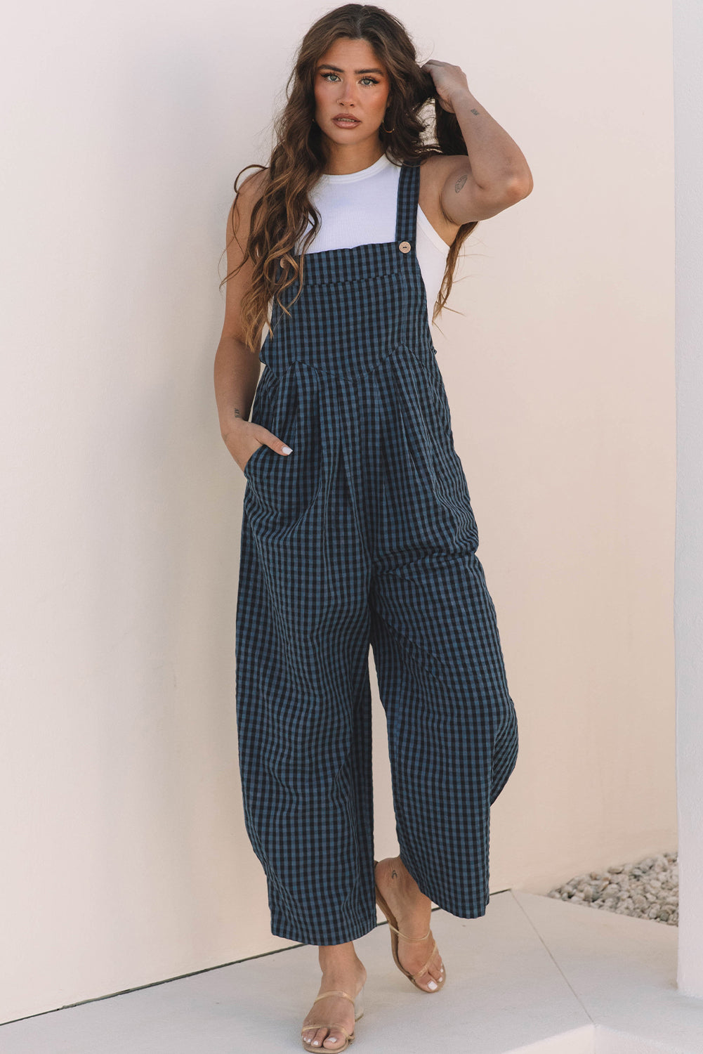 Sail Blue Plaid Print Buttoned Pocketed High Waist Overall - Premium Bottoms/Jumpsuits & Rompers from Ashes 2 Wildflowers Boutique, LLC- Just $34.93! Shop now at Ashes 2 Wildflowers Boutique, LLC