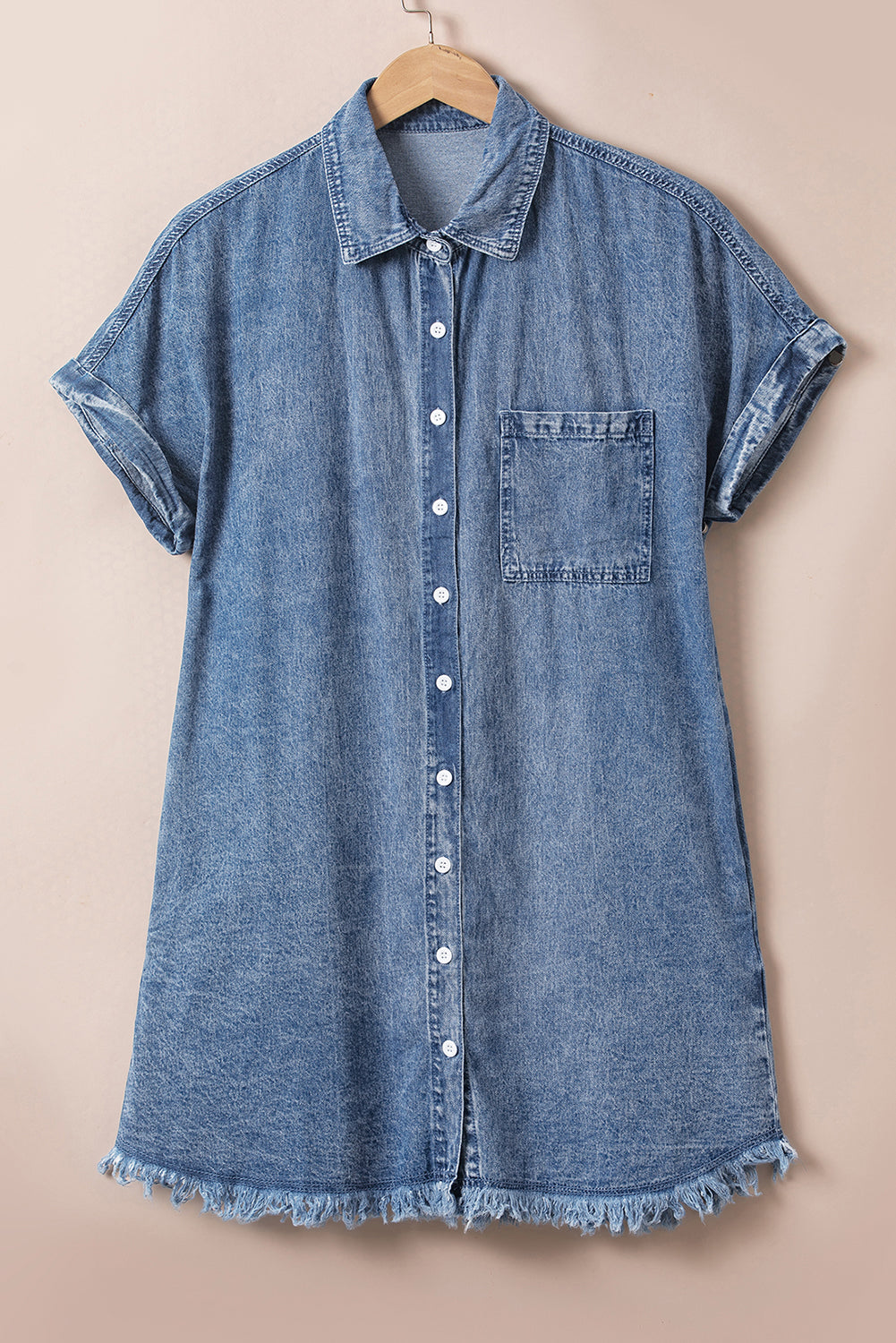 Blue Mineral Wash Cuffed Sleeve Frayed Hem Denim Dress - Premium Dresses/Mini Dresses from Momma Done Gone Crafty- Just $55! Shop now at Momma Done Gone Crafty