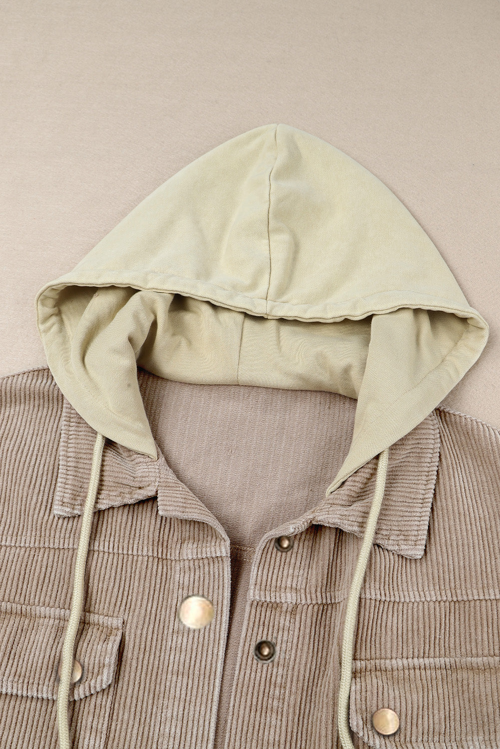 Khaki Patchwork Hooded Corduroy Shacket - Premium Outerwear from Momma Done Gone Crafty- Just $53.94! Shop now at Momma Done Gone Crafty