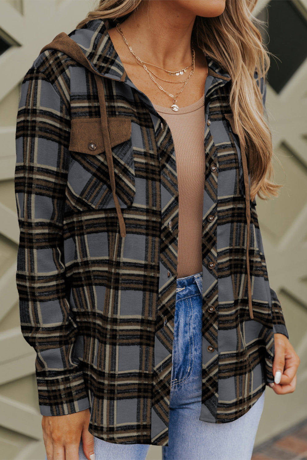 Contrast Hooded Drawstring Plaid Shacket - Premium Outerwear from Momma Done Gone Crafty- Just $61.23! Shop now at Momma Done Gone Crafty