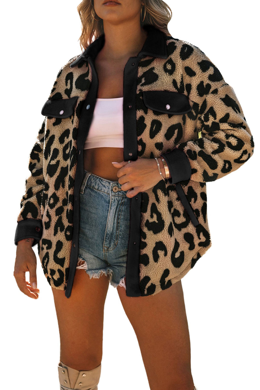 Black Contrast Trimmed Leopard Teddy Shacket - Premium Outerwear from Momma Done Gone Crafty- Just $61.50! Shop now at Momma Done Gone Crafty