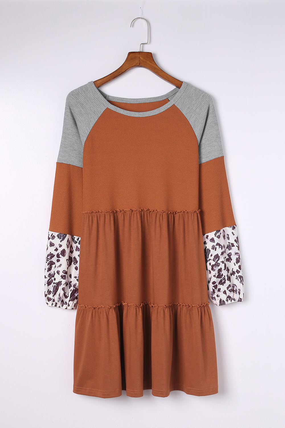Brown Waffle Knit Leopard Patchwork Long Sleeve Dress - Premium Dresses/Mini Dresses from Momma Done Gone Crafty- Just $33! Shop now at Momma Done Gone Crafty