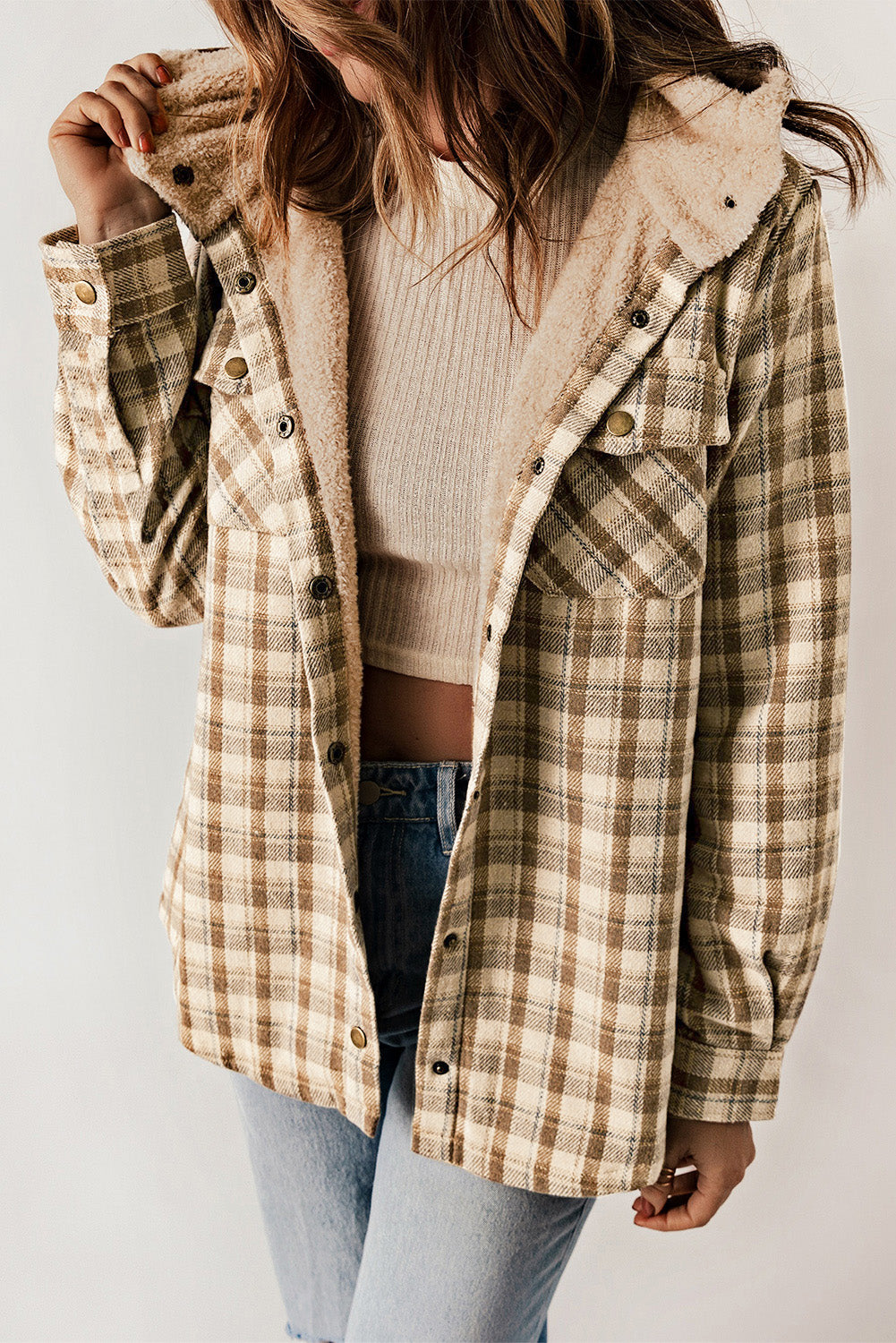 Khaki Plaid Pattern Sherpa Lined Hooded Shacket - Premium Outerwear from Momma Done Gone Crafty- Just $59.94! Shop now at Momma Done Gone Crafty