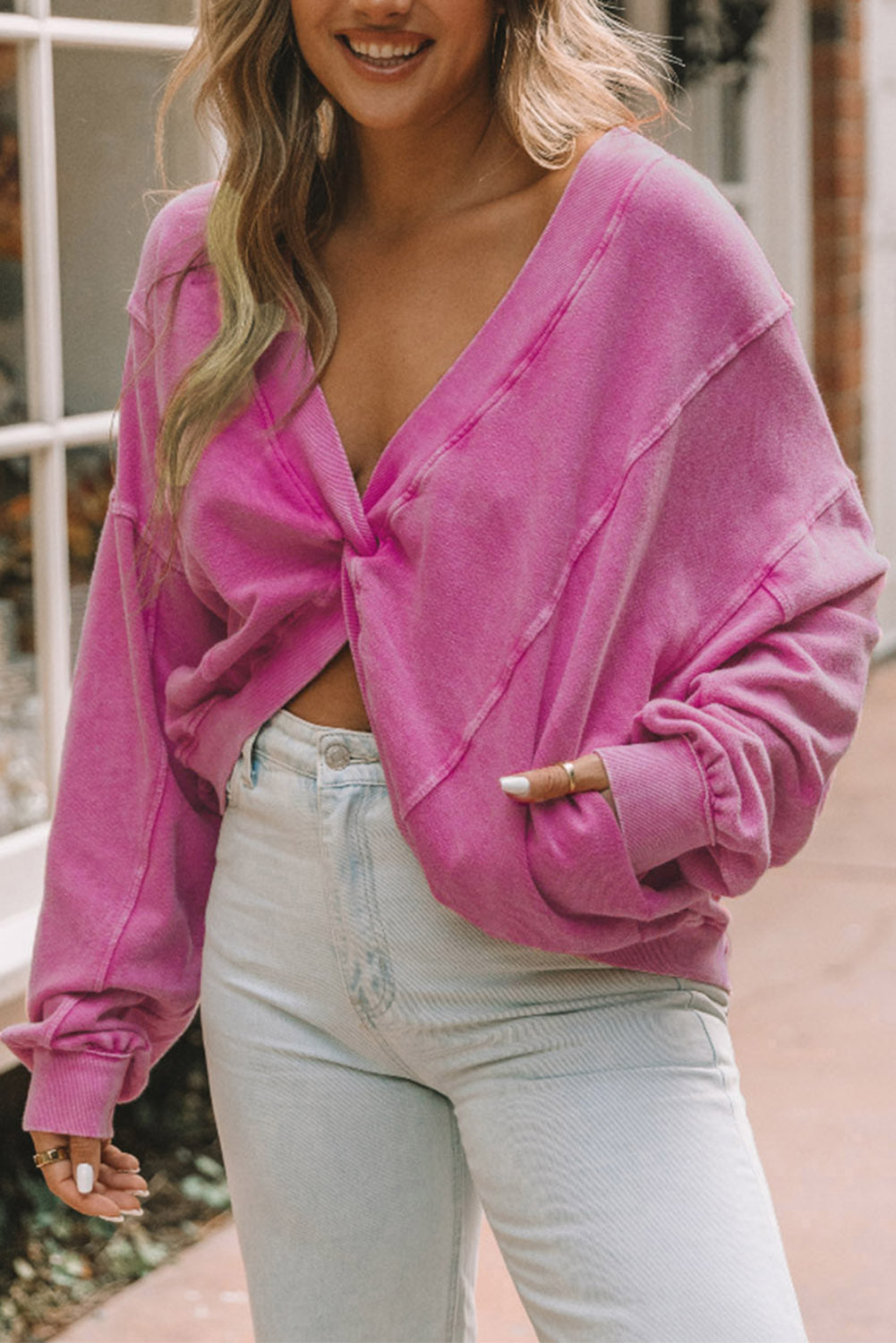 Rose Exposed Seam Twist Open Back Oversized Sweatshirt - Premium Tops from Momma Done Gone Crafty- Just $36.99! Shop now at Momma Done Gone Crafty