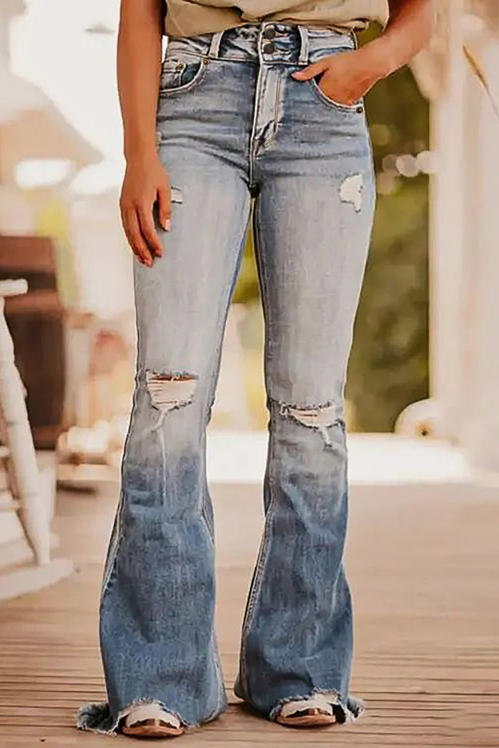 Dusk Blue Vintage Light Wash Ripped Raw Edge Flare Jeans - Premium Bottoms/Jeans from Ashes 2 Wildflowers Boutique, LLC- Just $39.54! Shop now at Ashes 2 Wildflowers Boutique, LLC