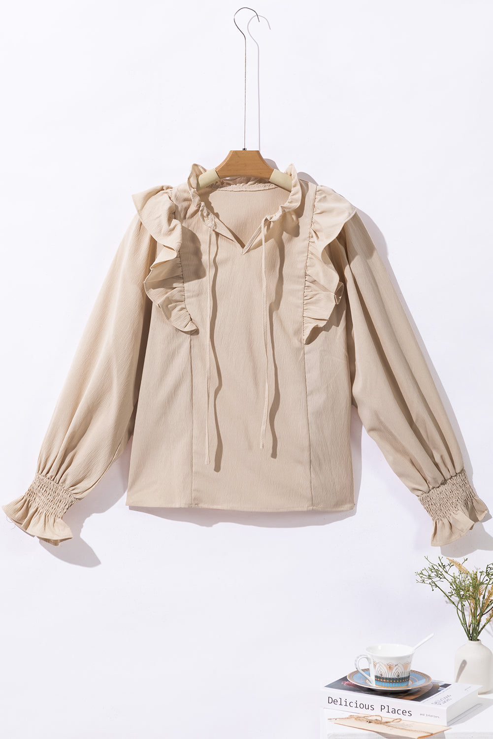Khaki Ruffled Lace up Bubble Sleeve Blouse - Premium Tops from Momma Done Gone Crafty- Just $45.18! Shop now at Momma Done Gone Crafty
