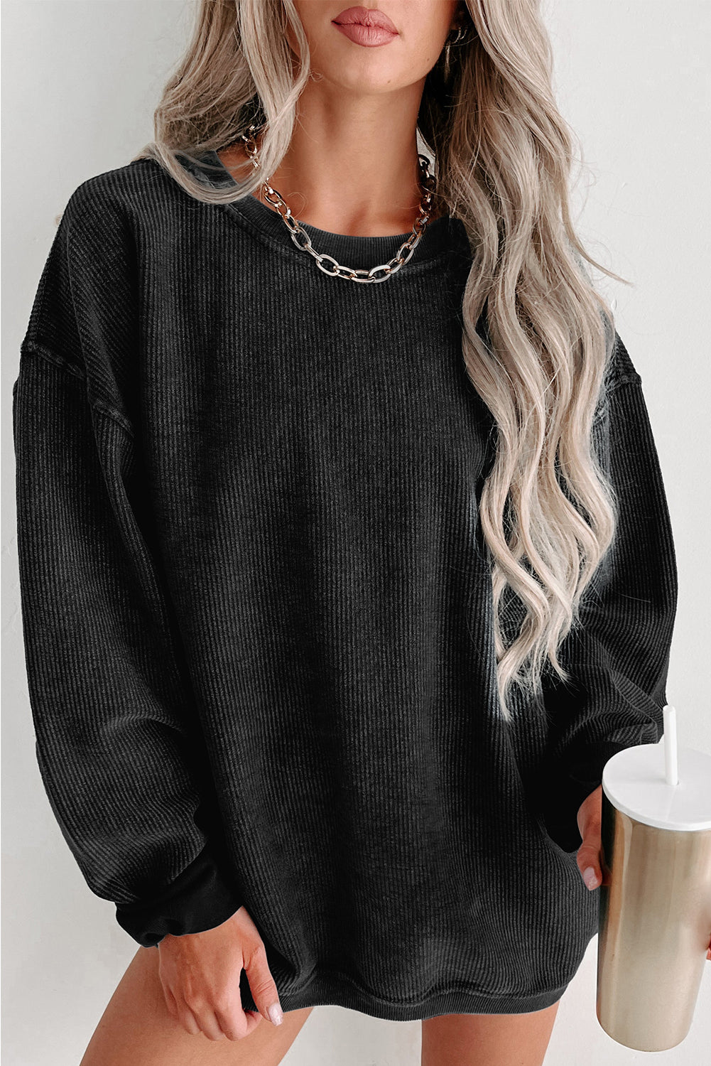 Black Solid Ribbed Knit Round Neck Pullover Sweatshirt - Premium Tops from Momma Done Gone Crafty- Just $41.94! Shop now at Momma Done Gone Crafty