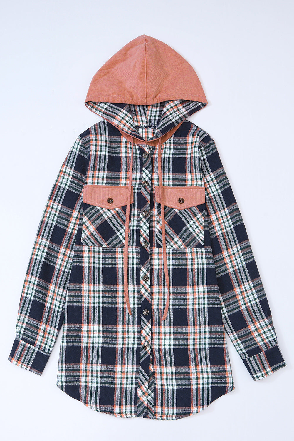 Pink Contrast Hooded Drawstring Plaid Shacket - Premium Outerwear from Momma Done Gone Crafty- Just $46.23! Shop now at Momma Done Gone Crafty