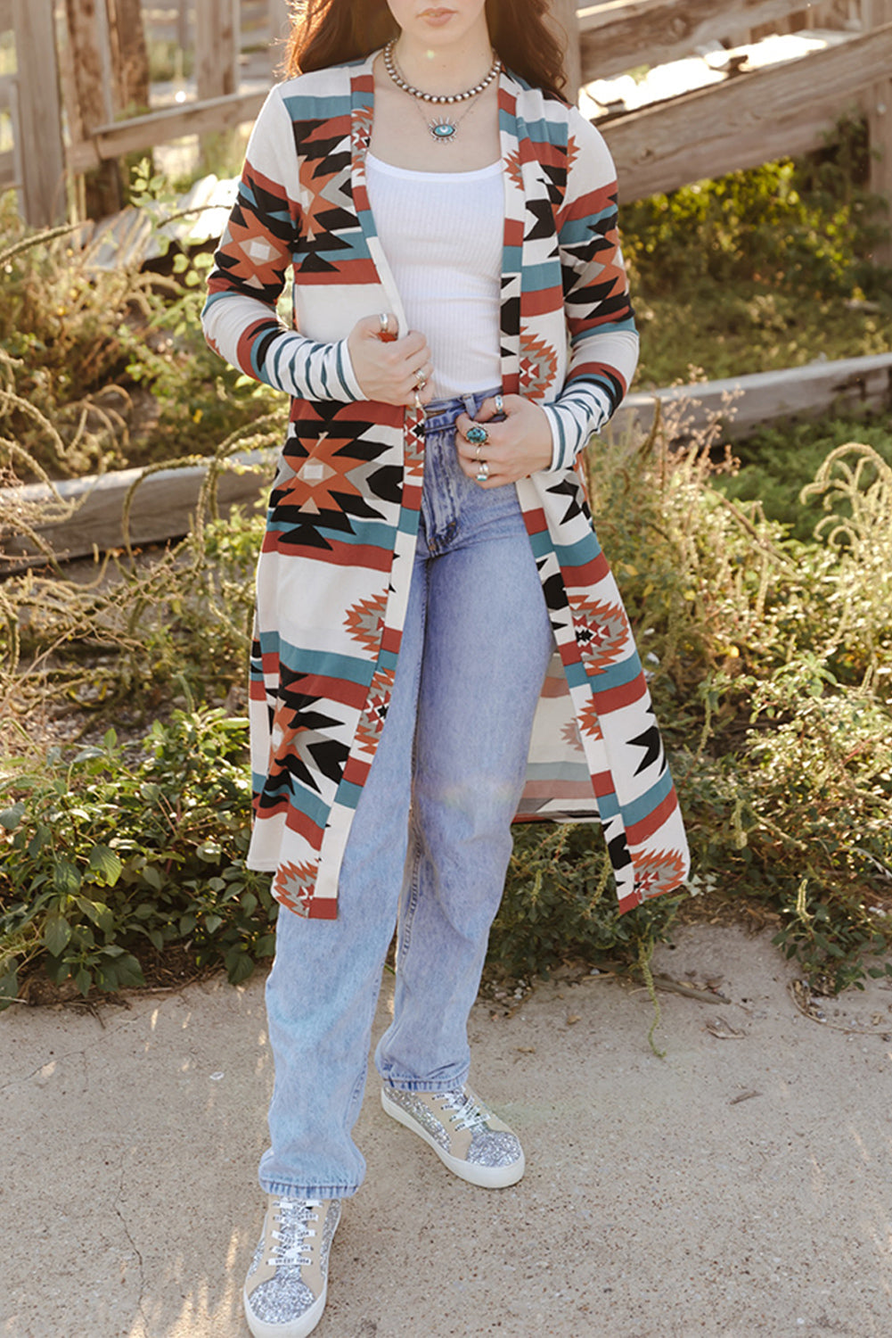 Multicolor Geometric Color Block Open Front Long Cardigan - Premium Tops from Momma Done Gone Crafty- Just $32.94! Shop now at Momma Done Gone Crafty