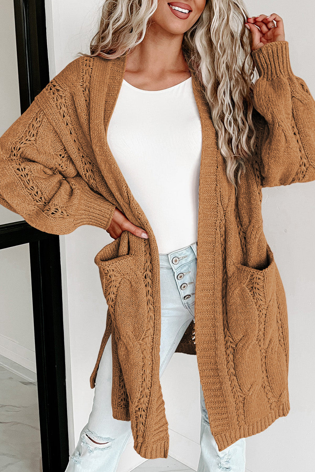 Khaki Ribbed Trim Eyelet Cable Knit Cardigan - Premium Tops from Momma Done Gone Crafty- Just $41.70! Shop now at Momma Done Gone Crafty
