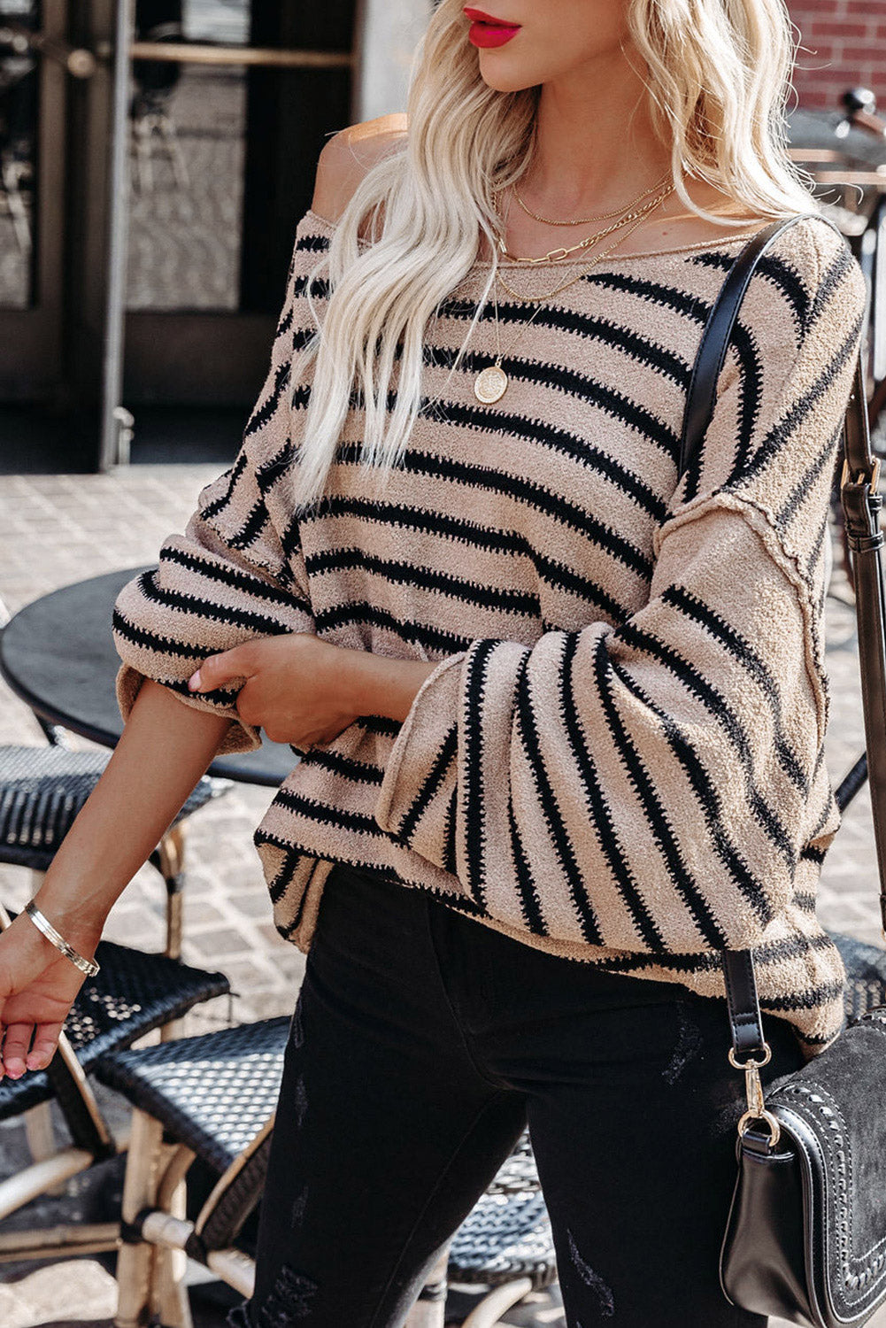 Striped Print Dropped Shoulder Loose Sleeve Sweater - Premium Tops from Momma Done Gone Crafty- Just $41.99! Shop now at Momma Done Gone Crafty