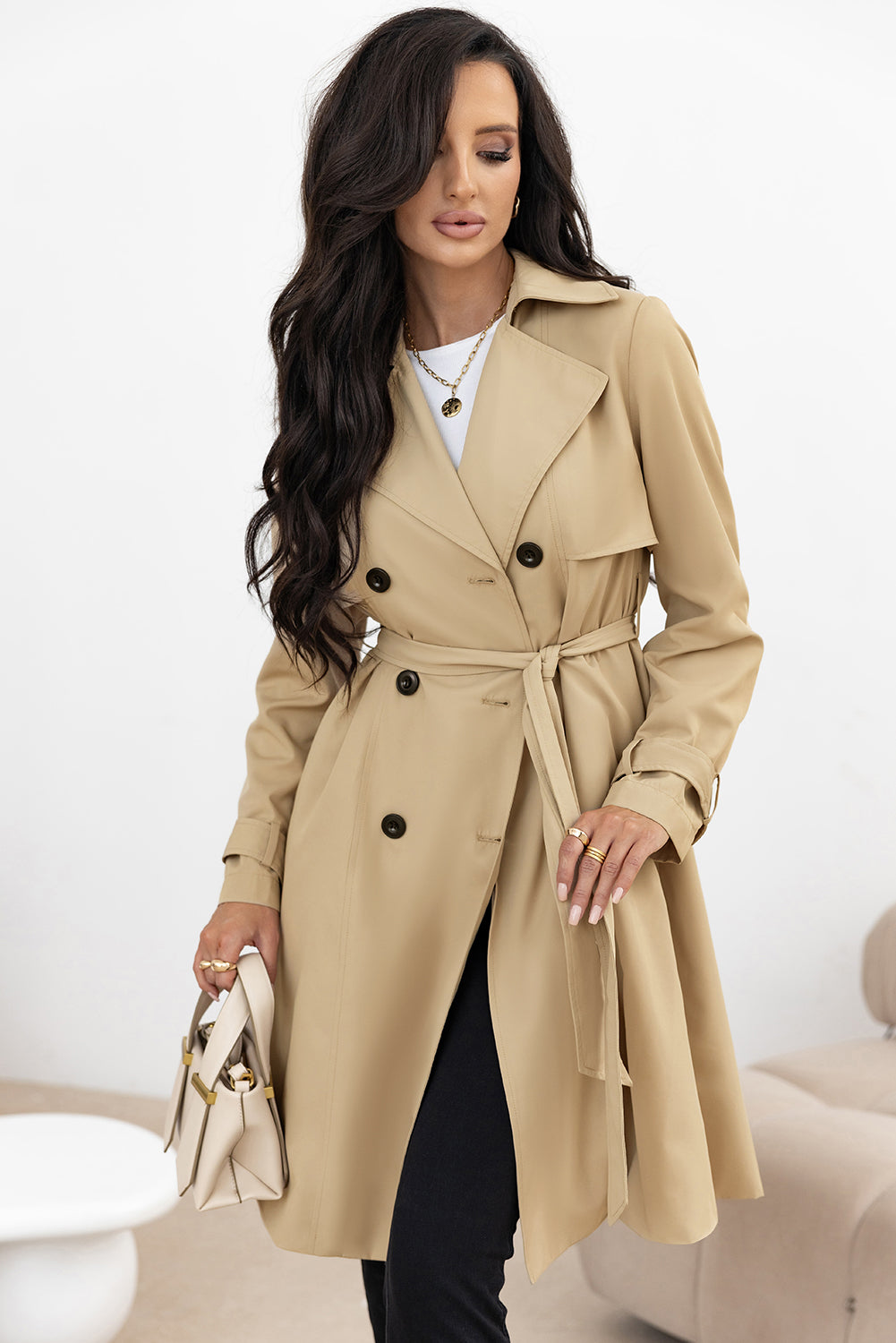 Pale Khaki Solid Color Lapel Collar Waist Tie Wind Coat - Premium Outerwear/Coats from Momma Done Gone Crafty- Just $96.99! Shop now at Momma Done Gone Crafty
