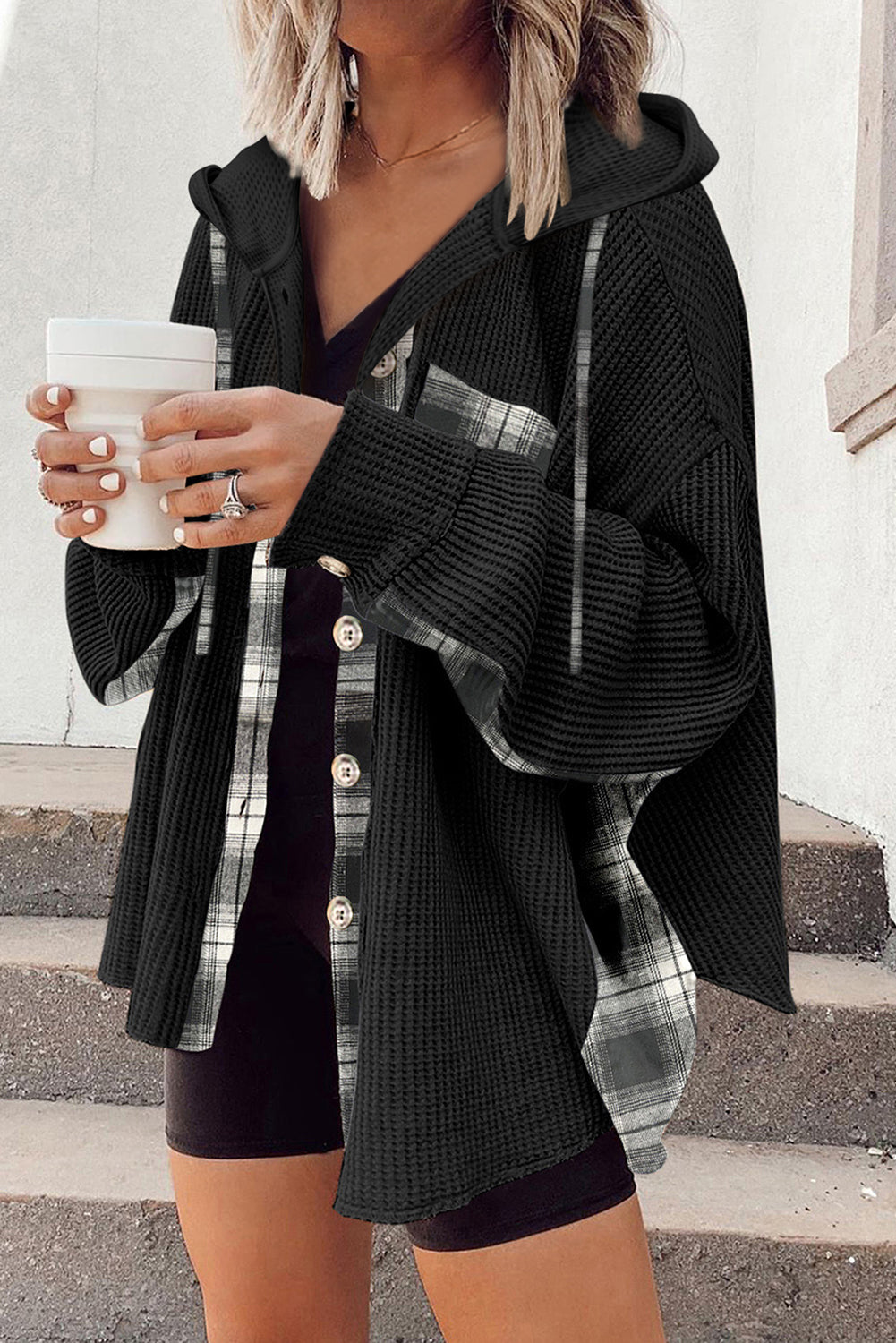 Black Waffle Knit Plaid Patchwork Drawstring Hooded Shacket - Premium Outerwear/Jackets from Ashes 2 Wildflowers Boutique, LLC- Just $37.02! Shop now at Ashes 2 Wildflowers Boutique, LLC