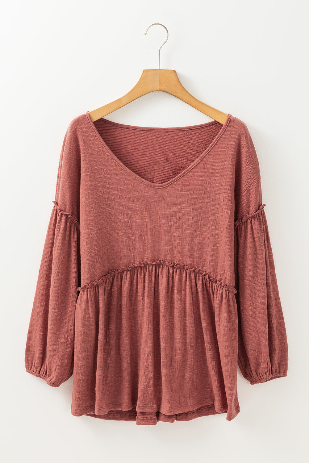 Mineral Red Solid Color Textured Frilled Trim V Neck Puff Sleeve Blouse - Premium Tops/Blouses & Shirts from Ashes 2 Wildflowers Boutique, LLC- Just $20.35! Shop now at Ashes 2 Wildflowers Boutique, LLC