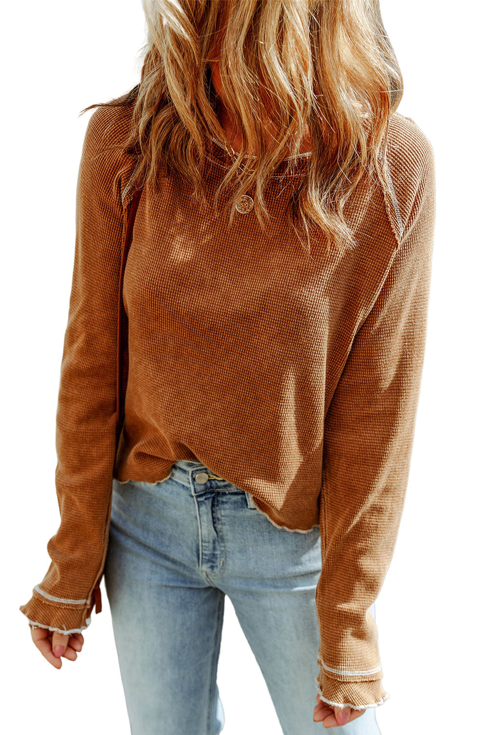 Brown Textured Round Neck Long Sleeve Top - Premium Tops from Momma Done Gone Crafty- Just $23! Shop now at Momma Done Gone Crafty