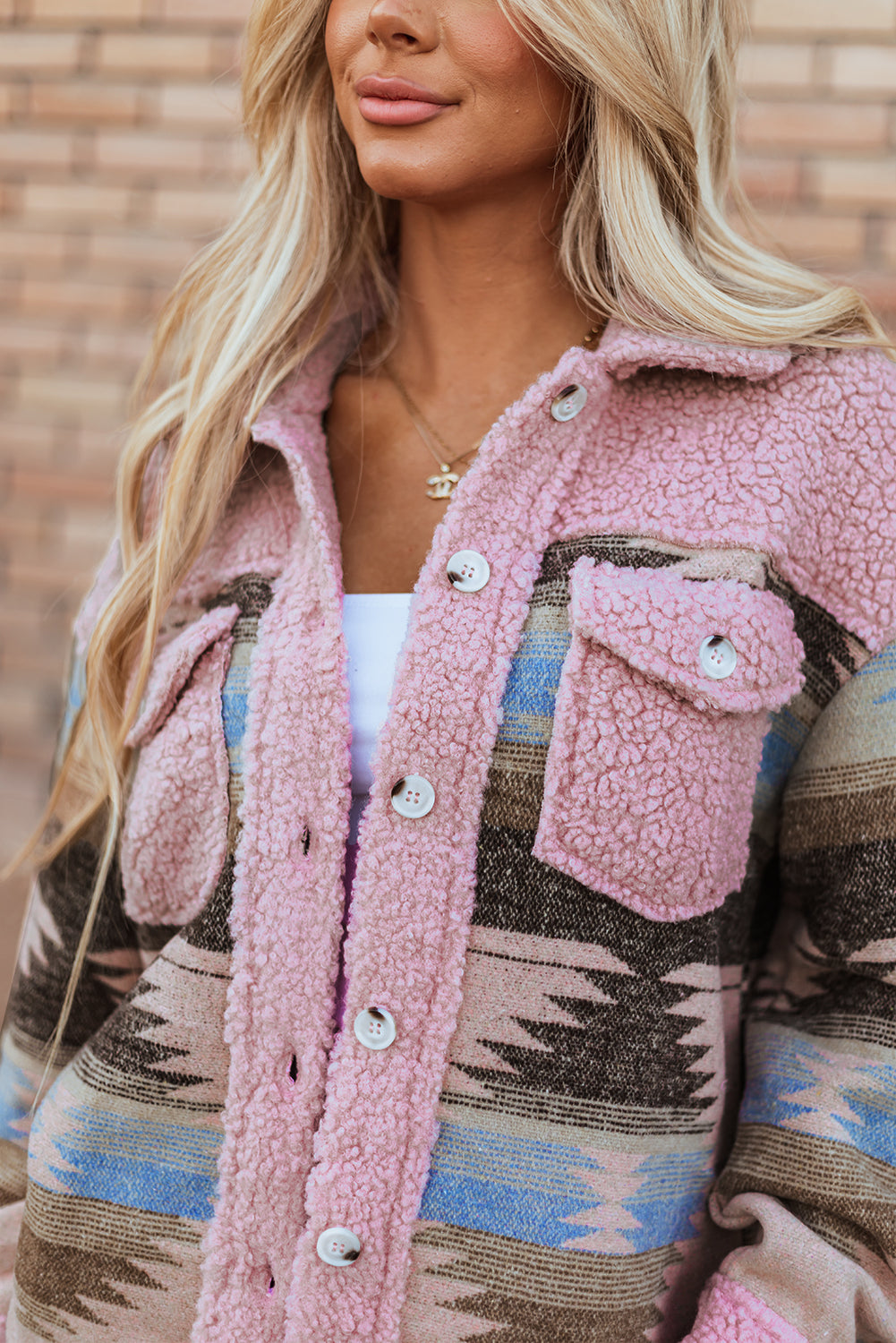 Pink Western Aztec Print Sherpa Splicing Buttoned Flap Pocket Coat - Premium Outerwear/Jackets from Ashes 2 Wildflowers Boutique, LLC- Just $37.40! Shop now at Ashes 2 Wildflowers Boutique, LLC