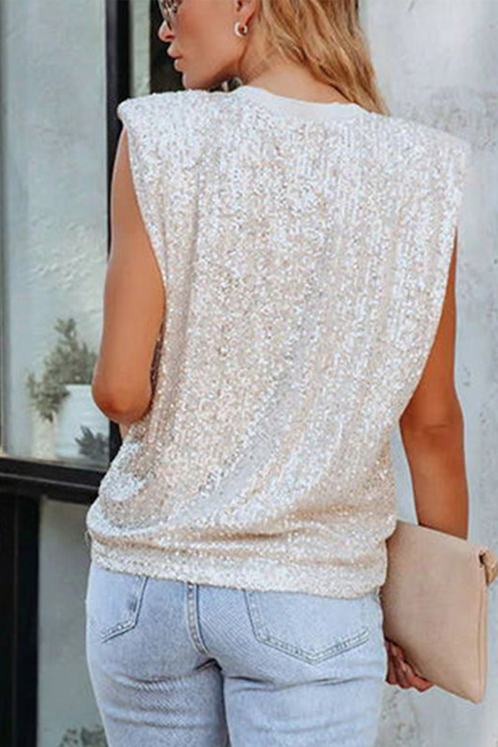 Apricot Sequin Round Neck Tank Top - Premium Tops from Momma Done Gone Crafty- Just $55.80! Shop now at Momma Done Gone Crafty