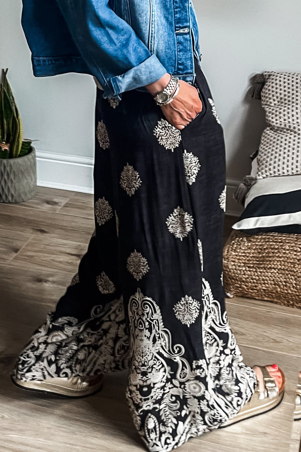 Black Bohemian Printed Drawstring Waist Wide Leg Pants - Premium Bottoms/Pants & Culotte from Momma Done Gone Crafty- Just $21.75! Shop now at Momma Done Gone Crafty